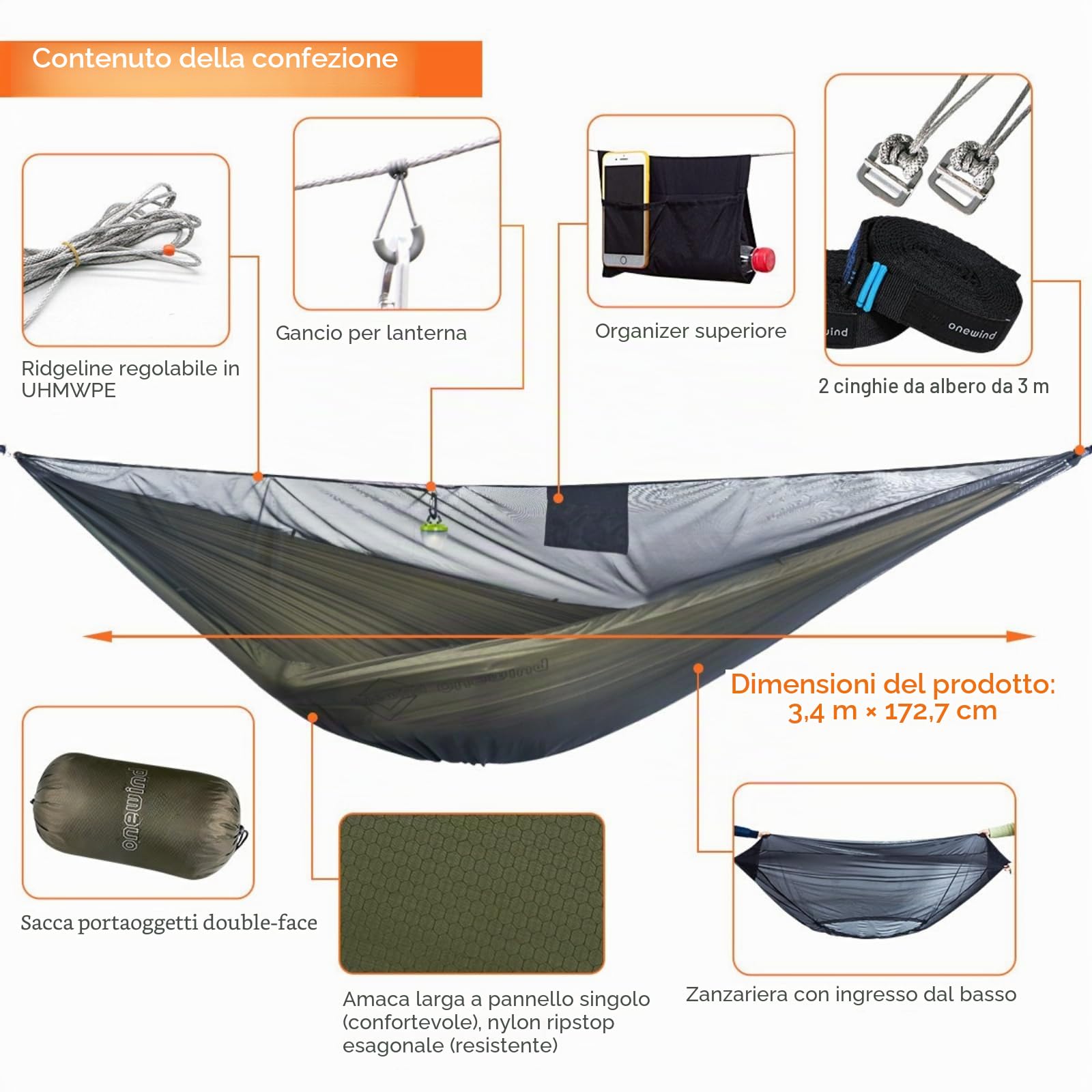 onewind Amaca da campeggio da 3,4 m con rete per insetti, doppia amaca portatile con zanzariera, amaca da zaino con rete regolabile Ridgeline cinghie per alberi per escursioni all'aperto, zaino in
