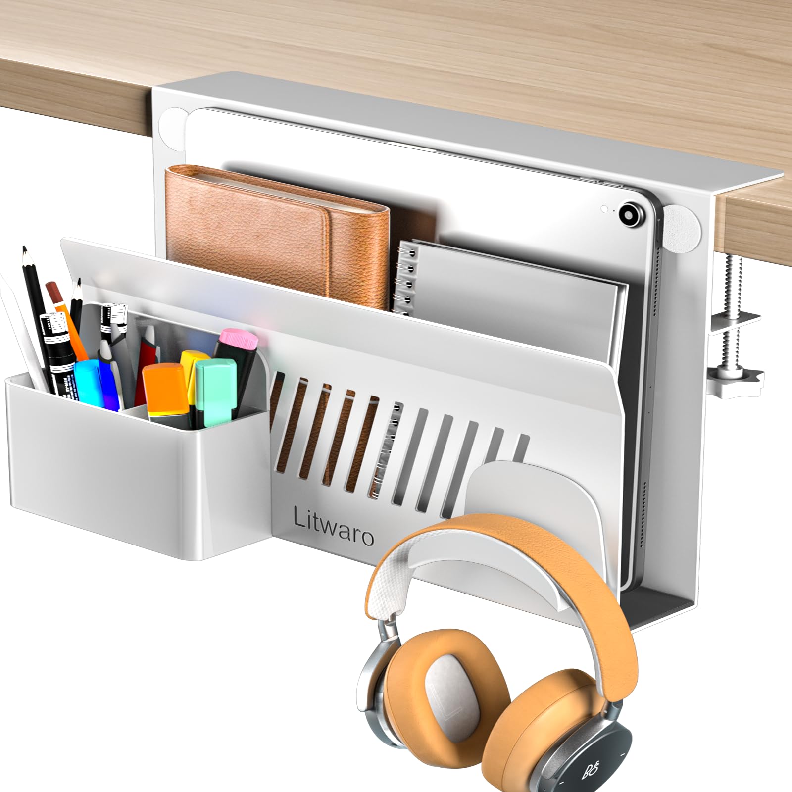 Litwaro Desk Side Storage Organizer, Under Desk Laptop Holder No Drill, Laptop Mount with Magnetic Pen Holder, Hanging Desk Organizer Fits Flat Edge