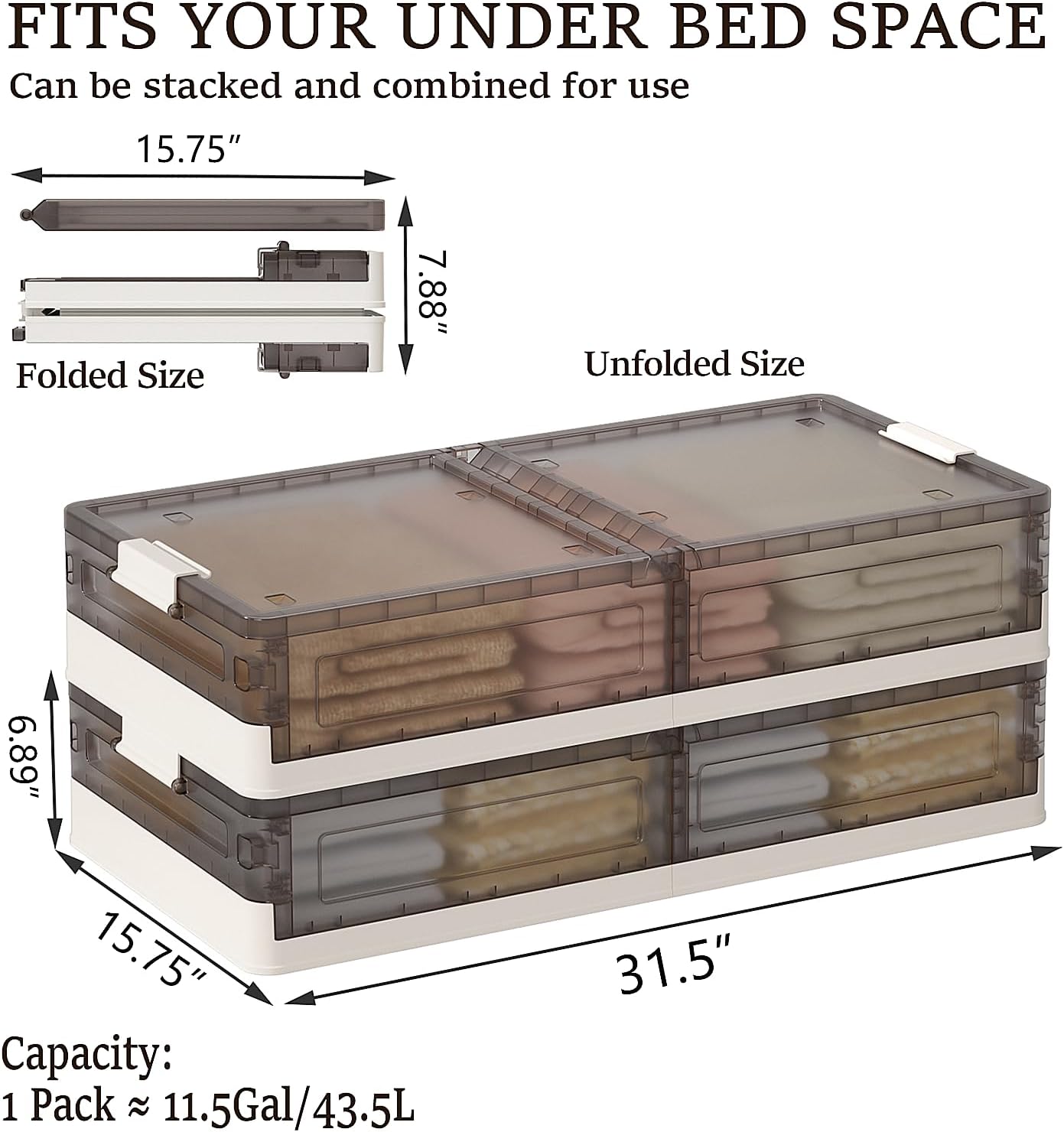 Under Bed Storage Containers, Stackable Under Bed Rolling Storage Plastic Containers, 11.5Gal Storage Bins with Wheels, Multi-purpose Storage Bins with Lids for Clothes, Shoes, And Duvets (2 Pack(W15.75×L31.5×H6.89"), transparent) 11.5Gal - 2 Pack transpa