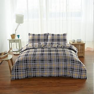Luxury Thermal Tartan Flannelette Check Duvet Cover Sets With Pillowcases, Special Edition Soft 100% Brushed Cotton Durable Tartan Flannelette Thermal Bedding Sets (Grey, Single 137cm x 200cm)