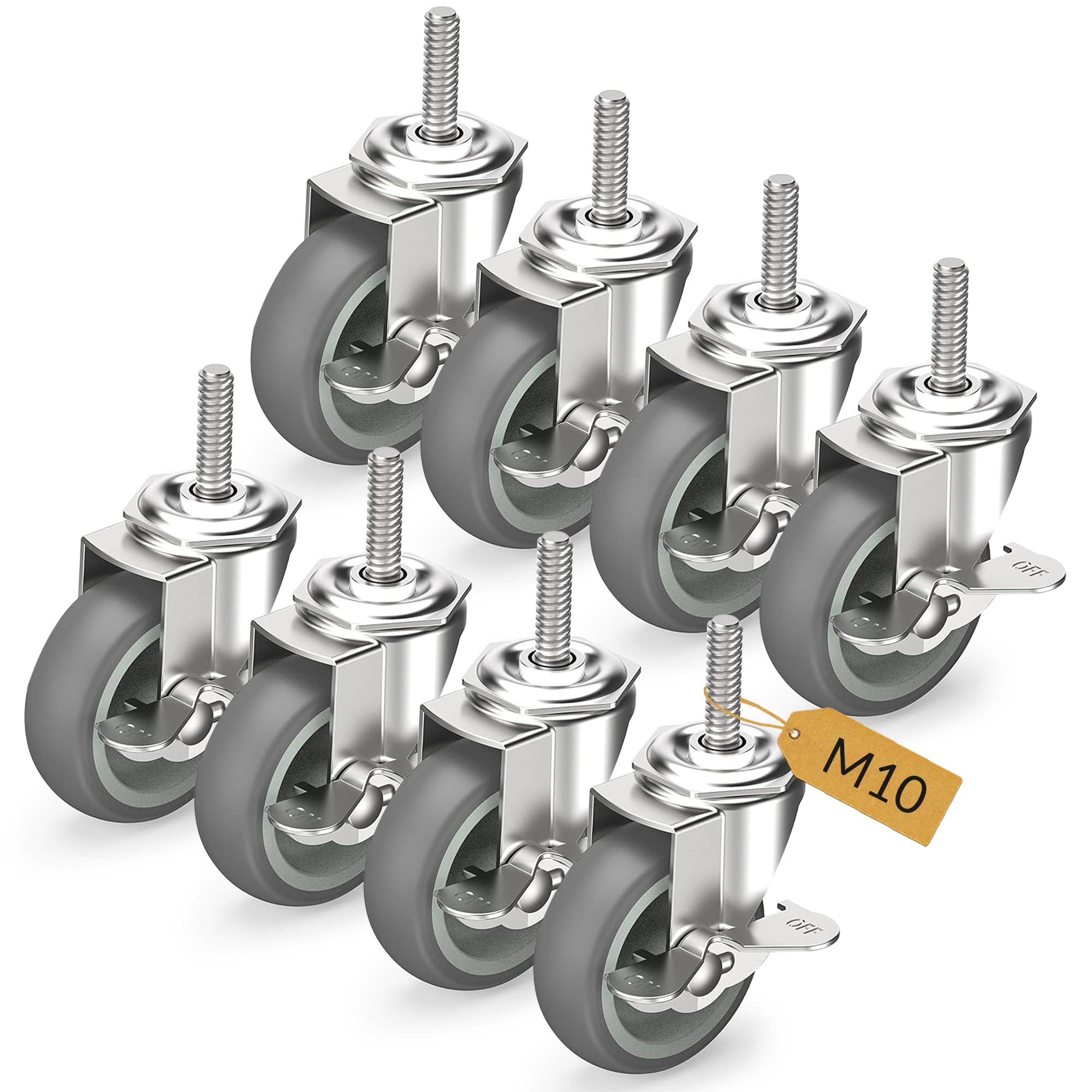 HOLKIE Lenkrollen 75mm (3 Zoll) mit Bremsen Möbelrollen Transportrollen, M10 x 1,5 x 30mm (Schaftdurchmesser 10mm, Schaftlänge 30mm) Schwerlastrollen Gummirollen 8er Set Rollen für Möbel Grau