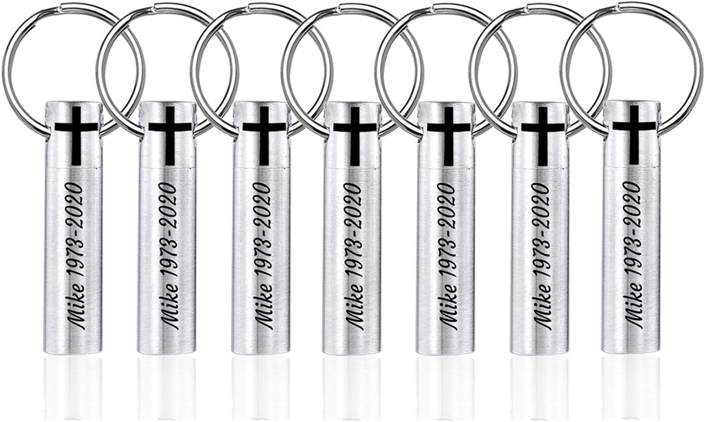 Pack of 7 Customize Religious Christian Cross Memorial Keepsake Urn Keychain Set for Family Members Friend Brushes Stainless Stell Bar Cylinder Cremation Pendant Keychain for Pet Human Ashes