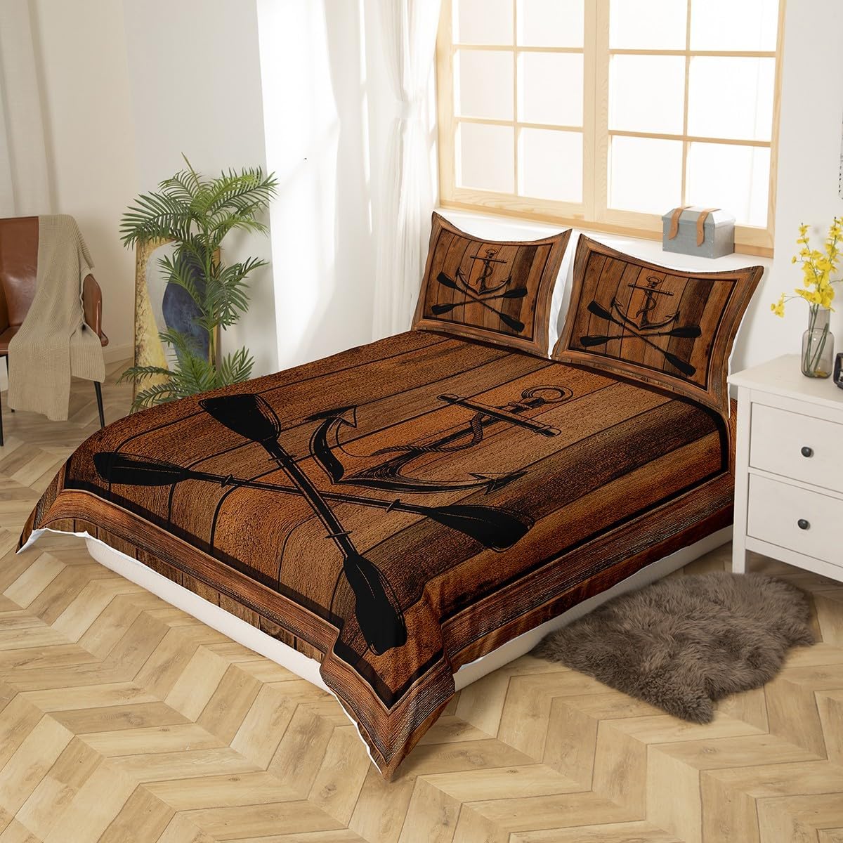 Nautical Anchor Bedding Set King Size for Bedroom,Lake Life Paddle Go Boating Themed Comforter Cover with 2 Pillowcases,Brown Retro Rustic Country Wooden Plaid Duvet Cover Set Microfiber Quilt Cover