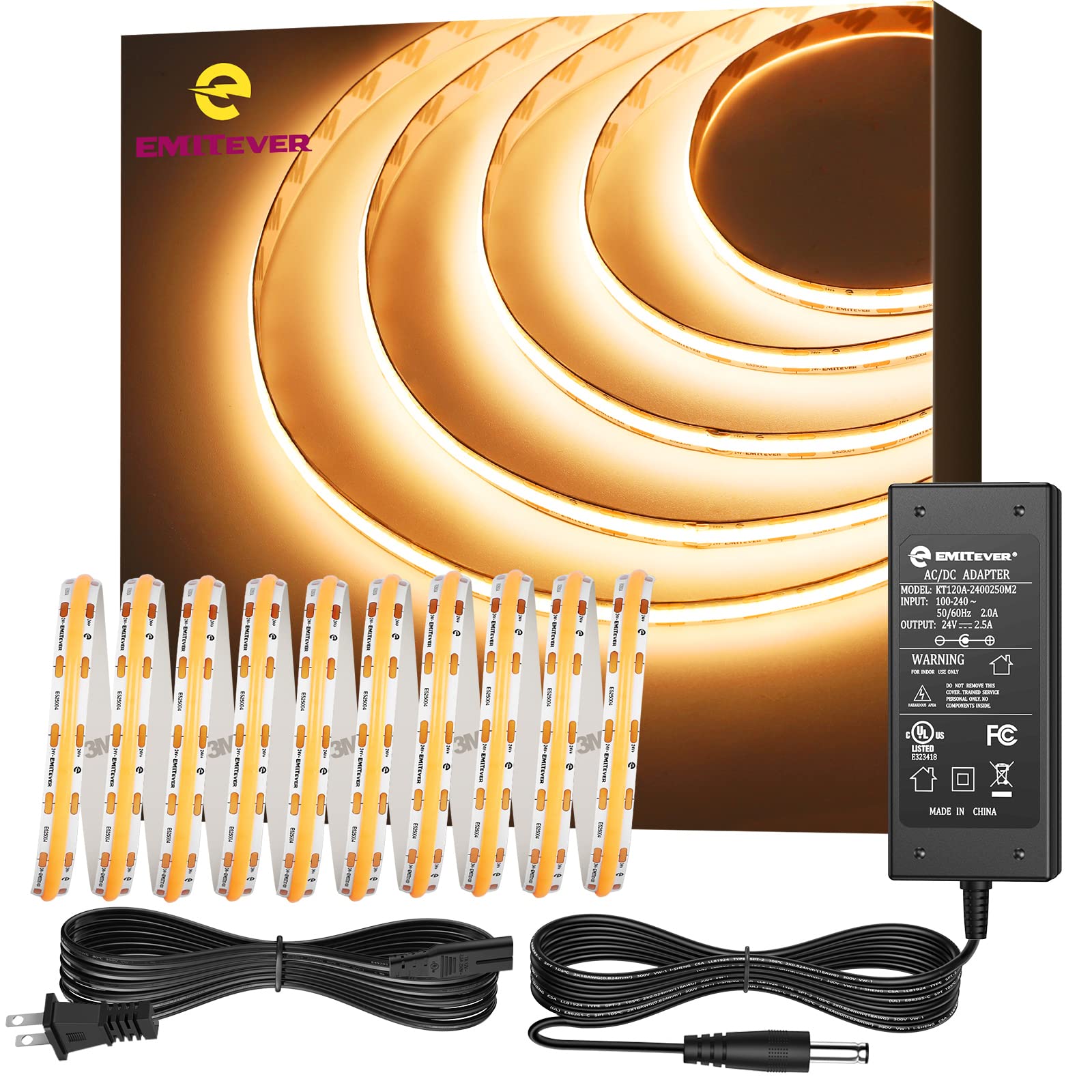 EMITEVER COB LED Strip Lights Warm White, 2700K Tape Light Premium High Density, DC 24V, 300+Lumens/ft, 480LEDs/M, 2400LEDs/Spool, Ra 90+, IP30 Indoor Use, 16.4ft, 3W/ft+24V 60W DC Power Supply