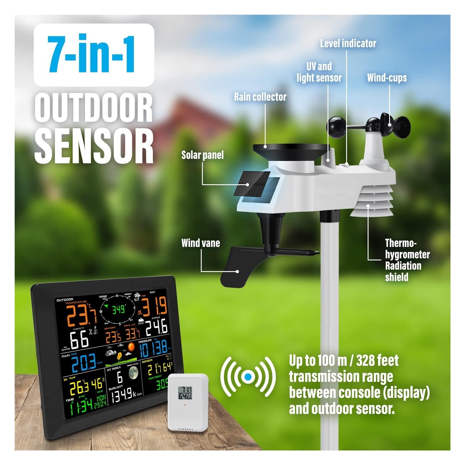 Generico Stazioni meteorologiche Wireless termoigrometro con Ampio Display da 10 Pollici, termoigrometro per Interni ed Esterni, pluviometro, velocità del Vento, 8 canali, Supporta
