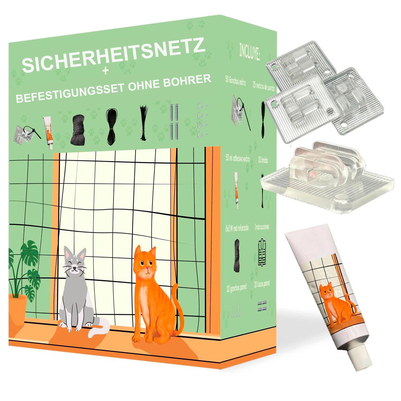 Verstärktes Schutznetz für Katzen, 8 x 3 m, mit Draht, Installationsset ohne Bohren