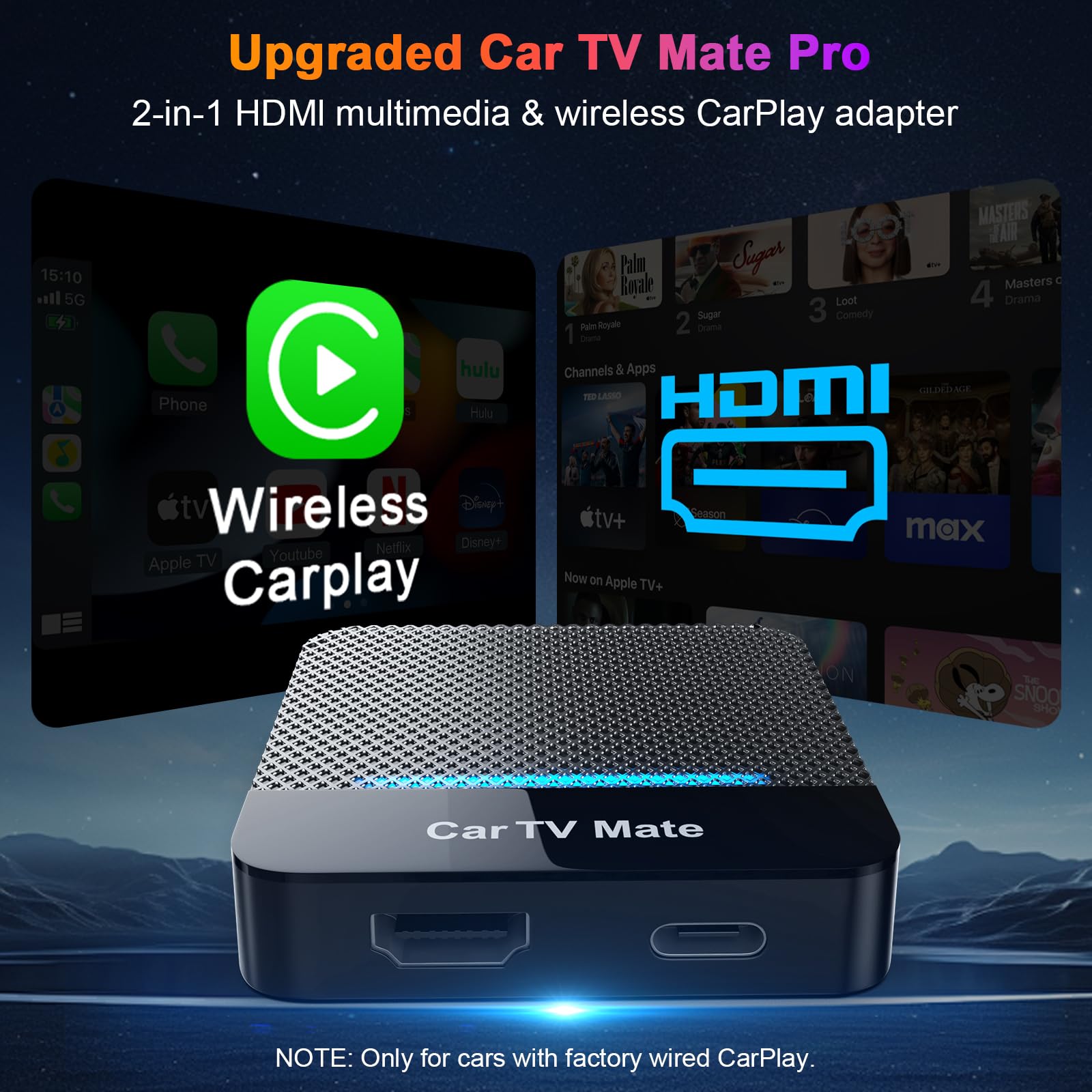 Car TV Mate Pro con Adaptador inalámbrico Car Play, convertidor Multimedia HDMI 2 en 1 para Consolas de Videojuegos/decodificadores, Convierte CarPlay con Cable a inalámbrico Plug & Play