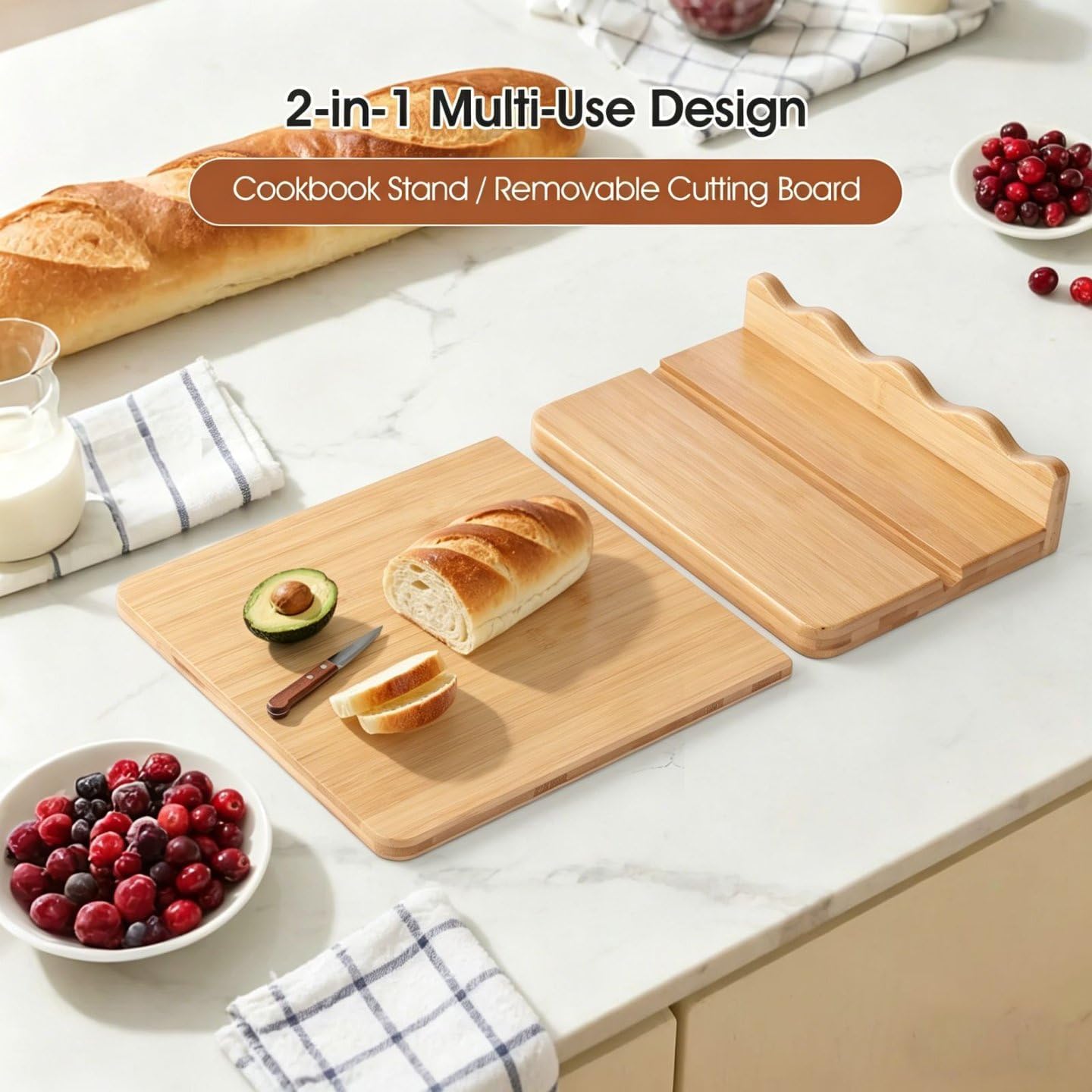 Condition photo showing New/Like New for scalloped wooden cookbook stand with removable cutting board – adjustable recipe book holder, charcuterie board & kitchen serving tray – kitchen counte decor/bamboo