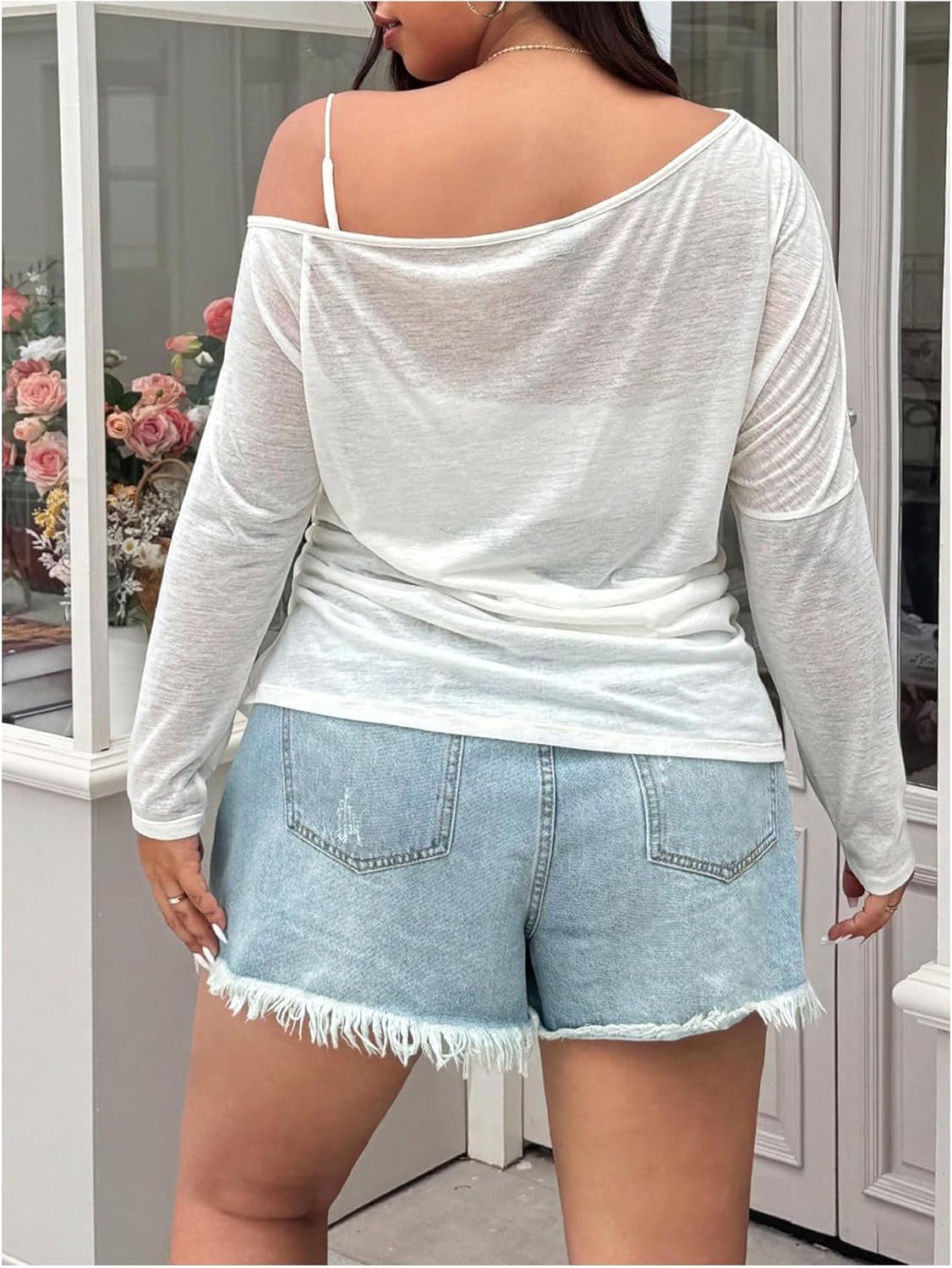 MakeMeChic Women's Plus Size Sheer Mesh Tops Asymmetrical Neck Top Sexy Loose Off Shoulder Long Sleeve Party Club T Shirt - Image 2