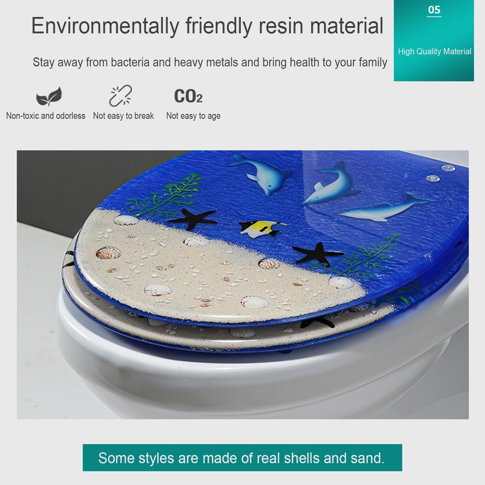 B,Okrągła deska sedesowa z żywicy Blue Seashells Deska sedesowa, Deski sedesowe z efektem 3D, seria Ocean, Deska sedesowa o wolnym opadaniu, zawiasy ze stali nierdzewnej, szybki demontaż