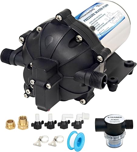Bomba de diafragma de presión de agua de 12 V, 5 cámaras, 6.5 GPM70 PSI bomba de agua autocebante para autocebante RV incluye, bomba de
