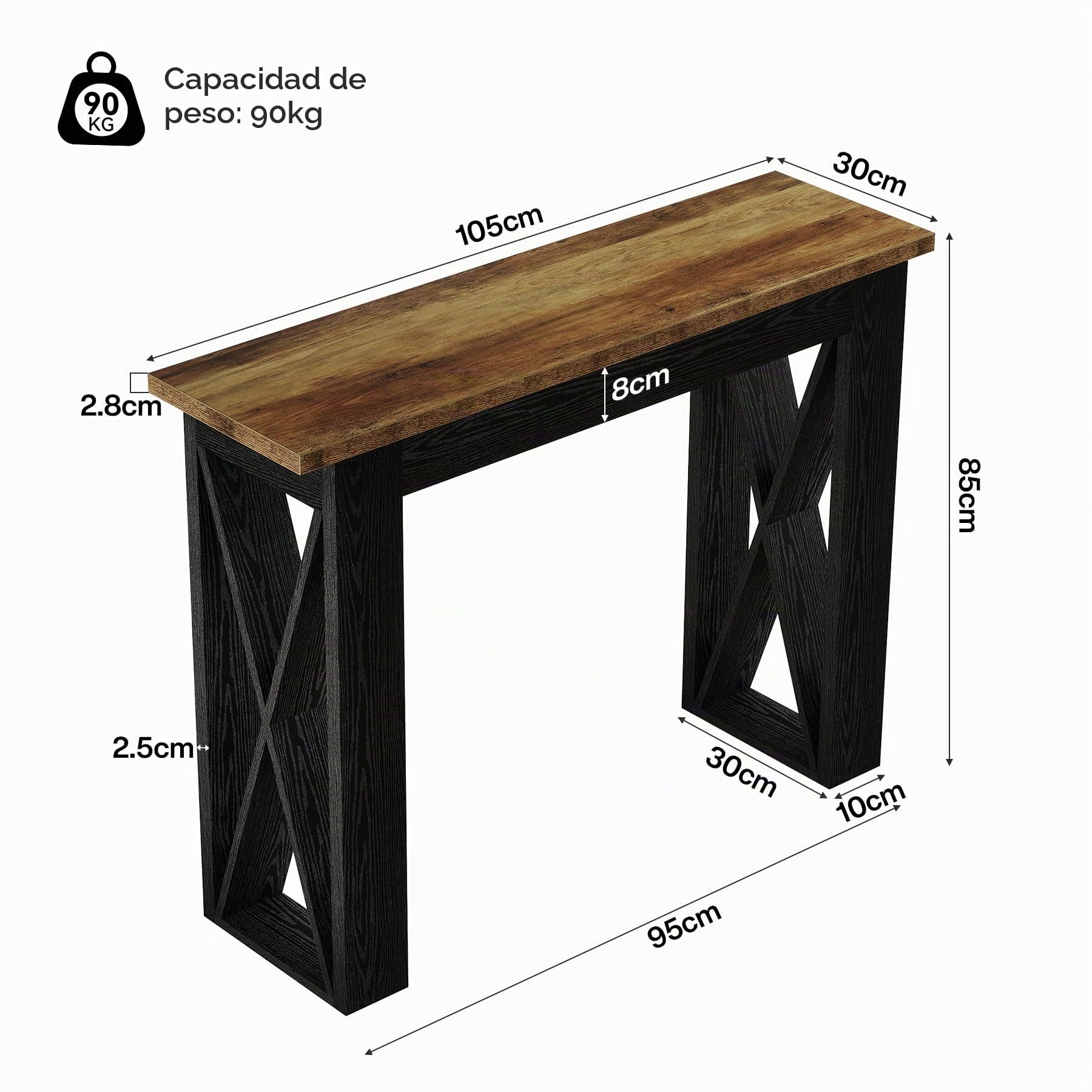 Tribesigns Mesa Consola Estrecha Industrial de 105 cm, Consola de Entrada para Sofá con Patas Metálicas para Salón, Entrada, Cocina, Dormitorio, Marrón Rústico y Negro