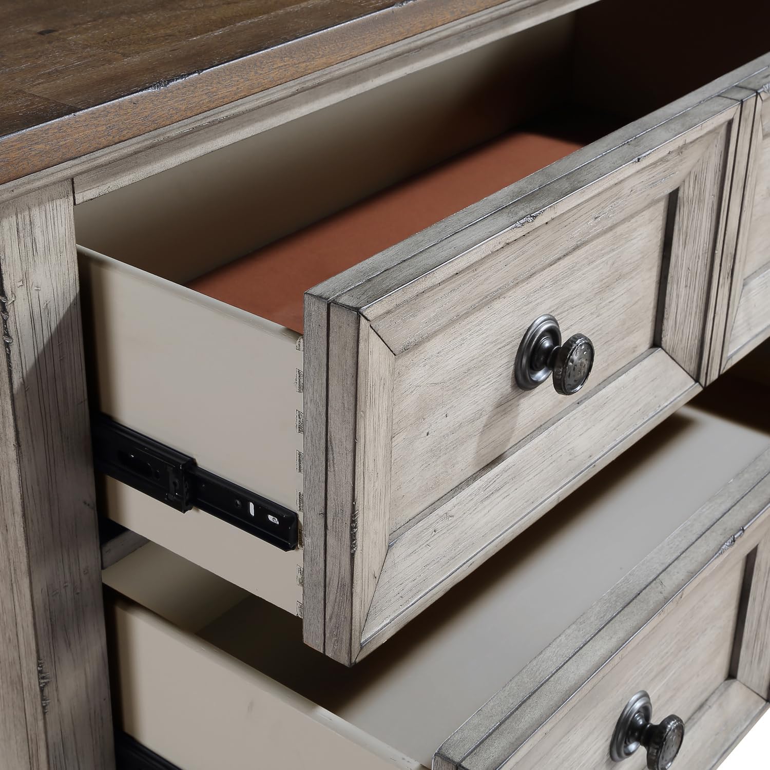 Pemberly Row Traditional Solid Wood 5-Drawer Chest, 40" W x 18" D x 58" H, Acacia Wood with Distressed Vintage Cream Finish, Walnut Accents, Velvet-Lined Top Drawer, Rustic Bedroom Storage Furniture
