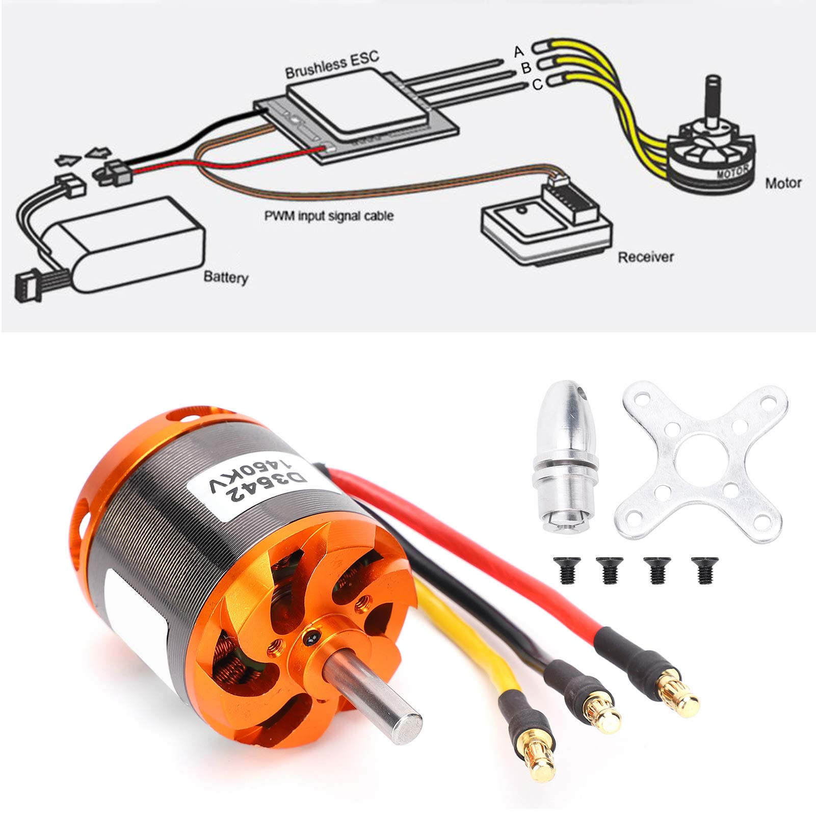 Motore Brushless per Aeromobili RC, D3542 Motore Senza Spazzole RC in Metallo Dotato di Base Motore, Adattatore e Viti Adatto per Aeromobili RC Ad Ala Fissa(1250KV)