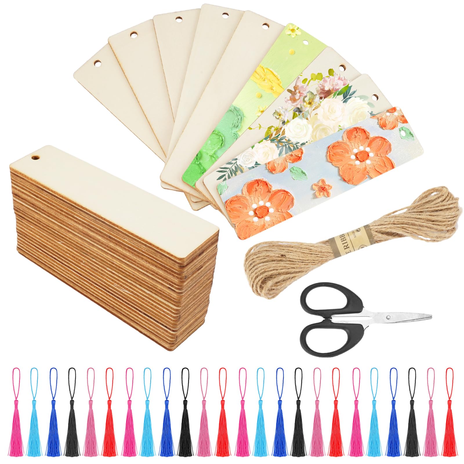 Marcapaginas Madera, 36 Piezas Marcapaginas Personalizado con Borlas Marcadores de Libros Artesanales DIY Rectangular Marcapáginas para Manualidades con Agujeros y Cuerdas para Pintar Manualidades