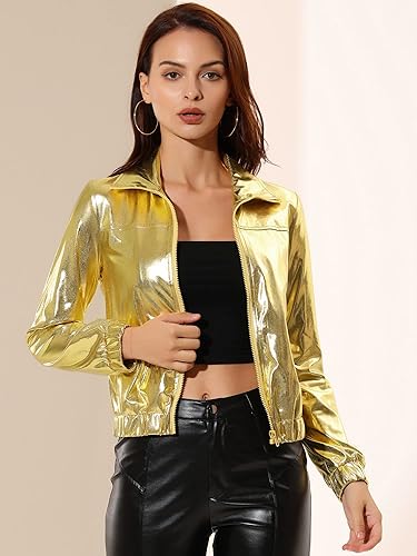 Miniatura 3 de Allegra K Chaqueta metálica holográfica brillante para mujer, manga larga, ligera, con cremallera