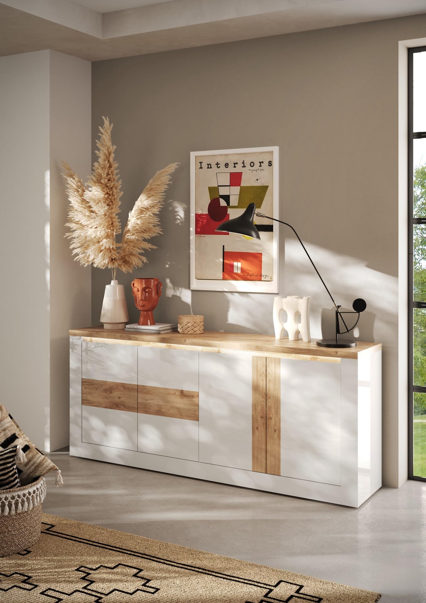 REDÒKASA Madia 4 ante Bianco/Cadiz Linea ISCHIA L 210 x H 84 x P 44, realizzato in legno 100% MADE IN ITALY, design moderno per cucina, sala da pranzo, soggiorno (Bianco/Cadiz)