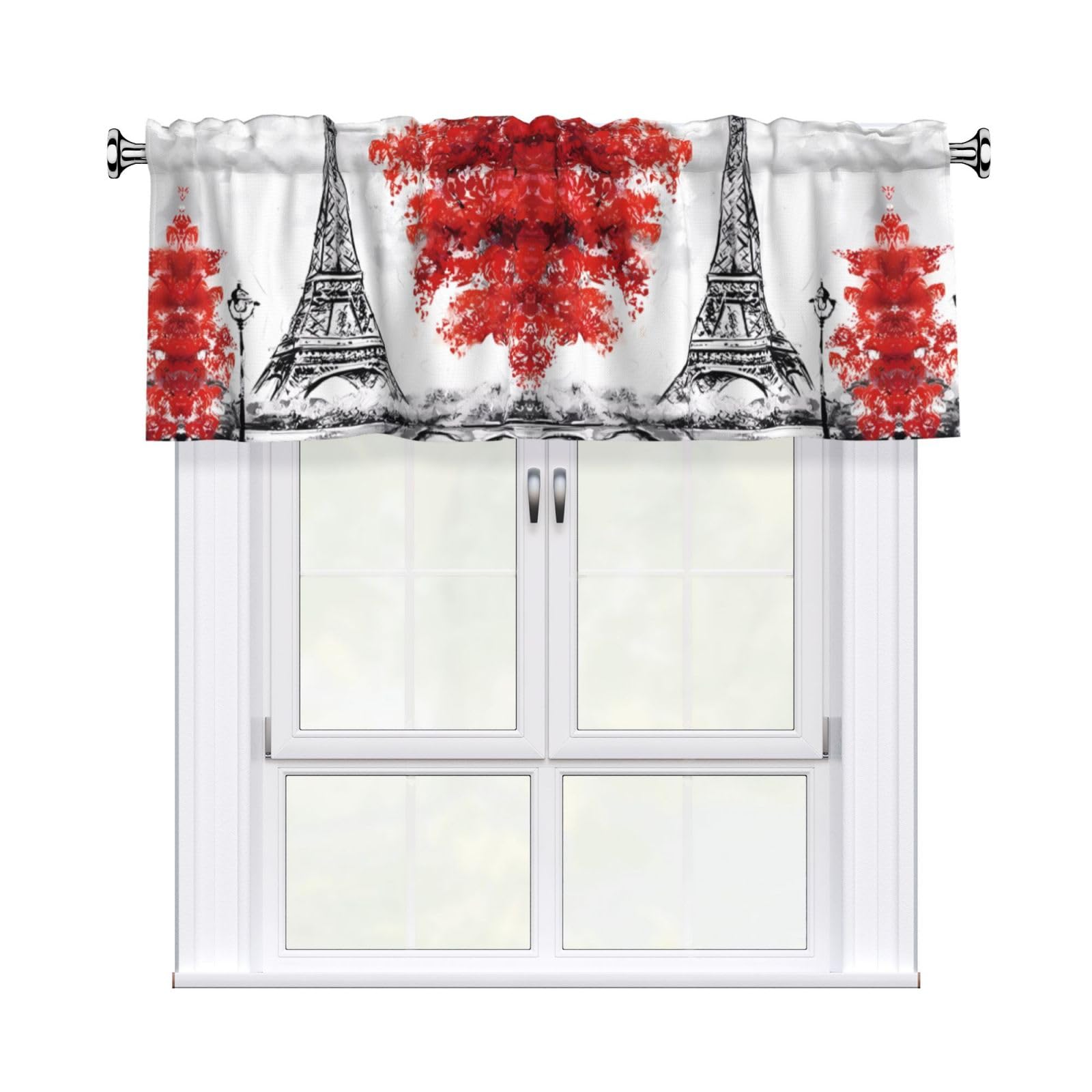 WHJSHOP Paris Prints Curtain Valance 54x18 Inch - Peach Skin Window Layer with Delicate Print, Filtered Light for Kitchen Use