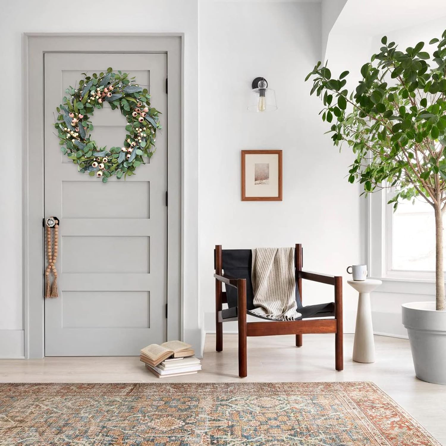 Bibelot 20inch Artificial Eucalyptus Wreath Green Leaves White Berry Big Berries Wreath for Front Door All Seasons Decoration Year Round Decor Home Decor - Image 7