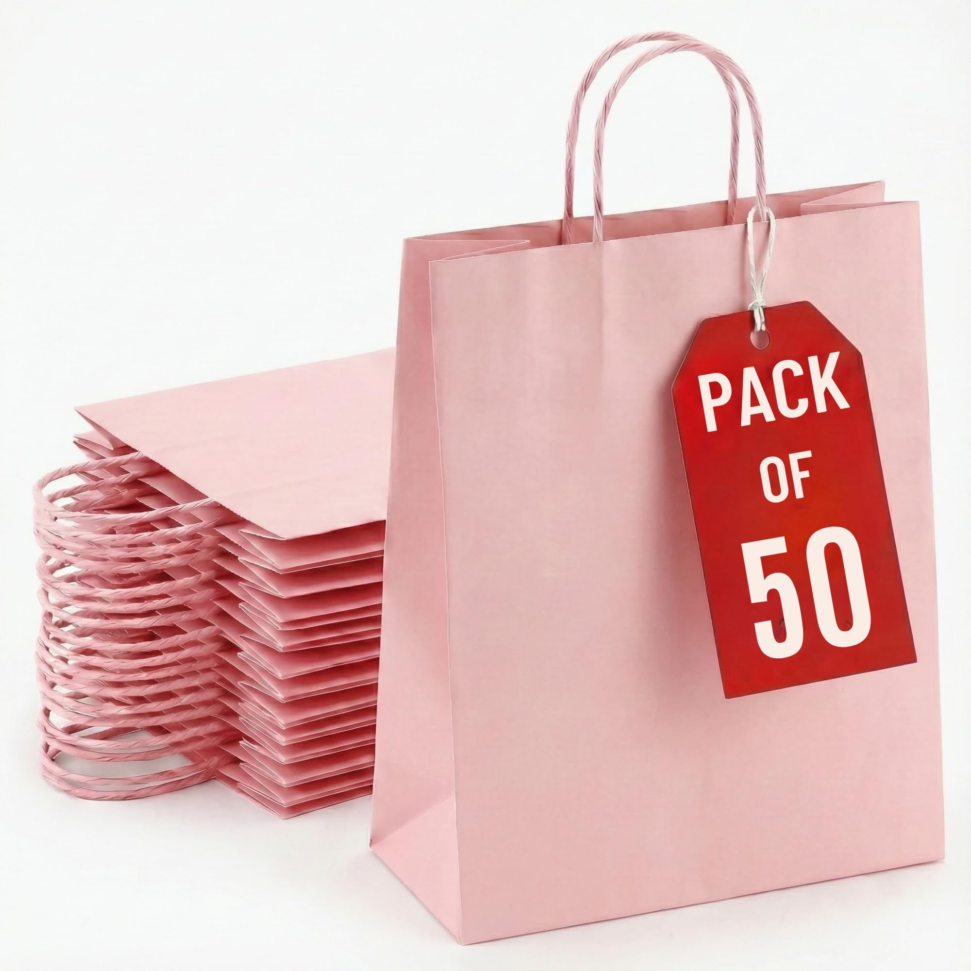 Kids Party Bags - 50Pcs Wrinkle Free Paper Party Bags with Twisted Handles - Pink Party Bags, 100gsm Strong Recyclable Gift & Kraft Bags for Birthdays & Baby Showers 24×18×8cm
