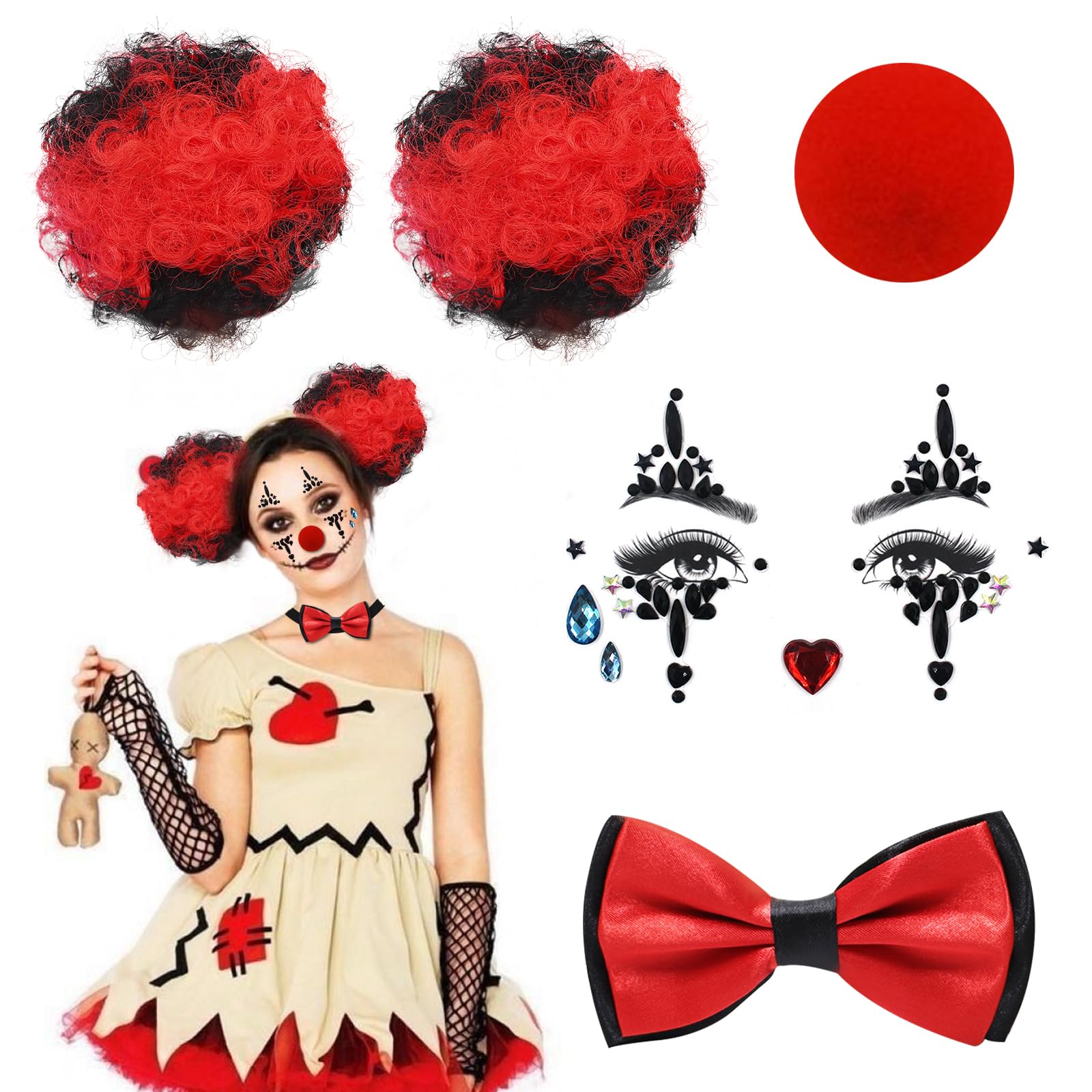 Kodepro 5 Pcs Women Clown Costume Accessories Set, Funny Fancy Dress Kit With Wigs, Temporary Face Tattoo, Bow Tie