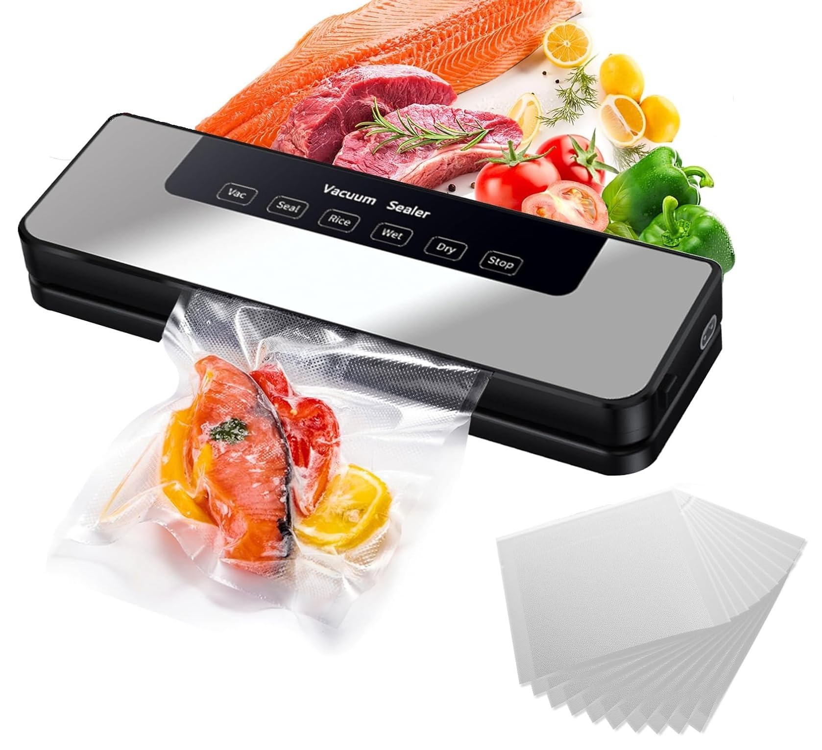 XENOTY Vacuum Sealer Machine for Packing, Food Saver Vacuum Sealing Machine with 5 Modes & Free 10 Bags, 65kPa Suction Automatic Sealer Machine (Vacuum Sealer With 10 Bags)