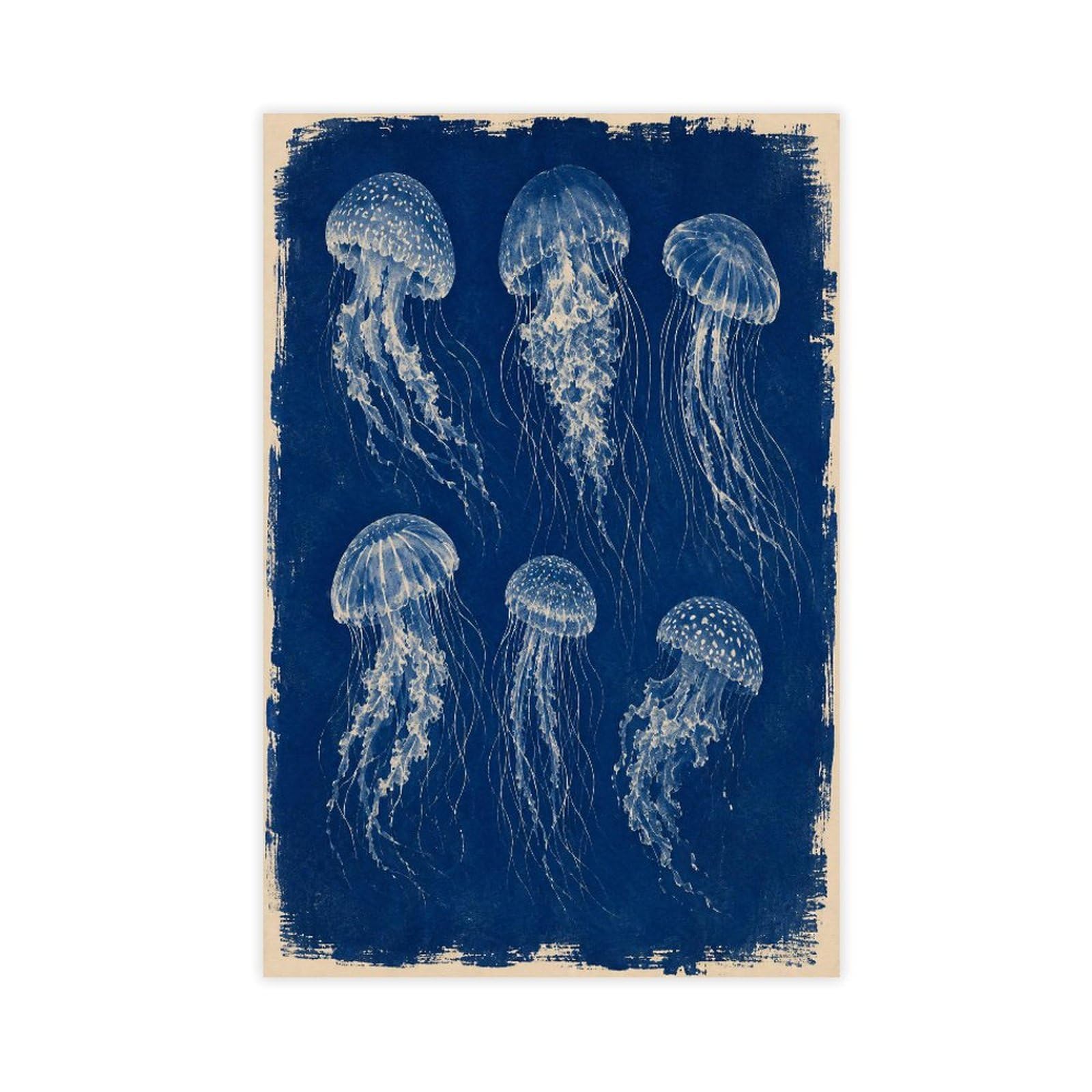H3b8u2y5 Unframe-Style-1 Blue Jellyfish Study Canvas Wall Art, Indigo Ocean Bedside