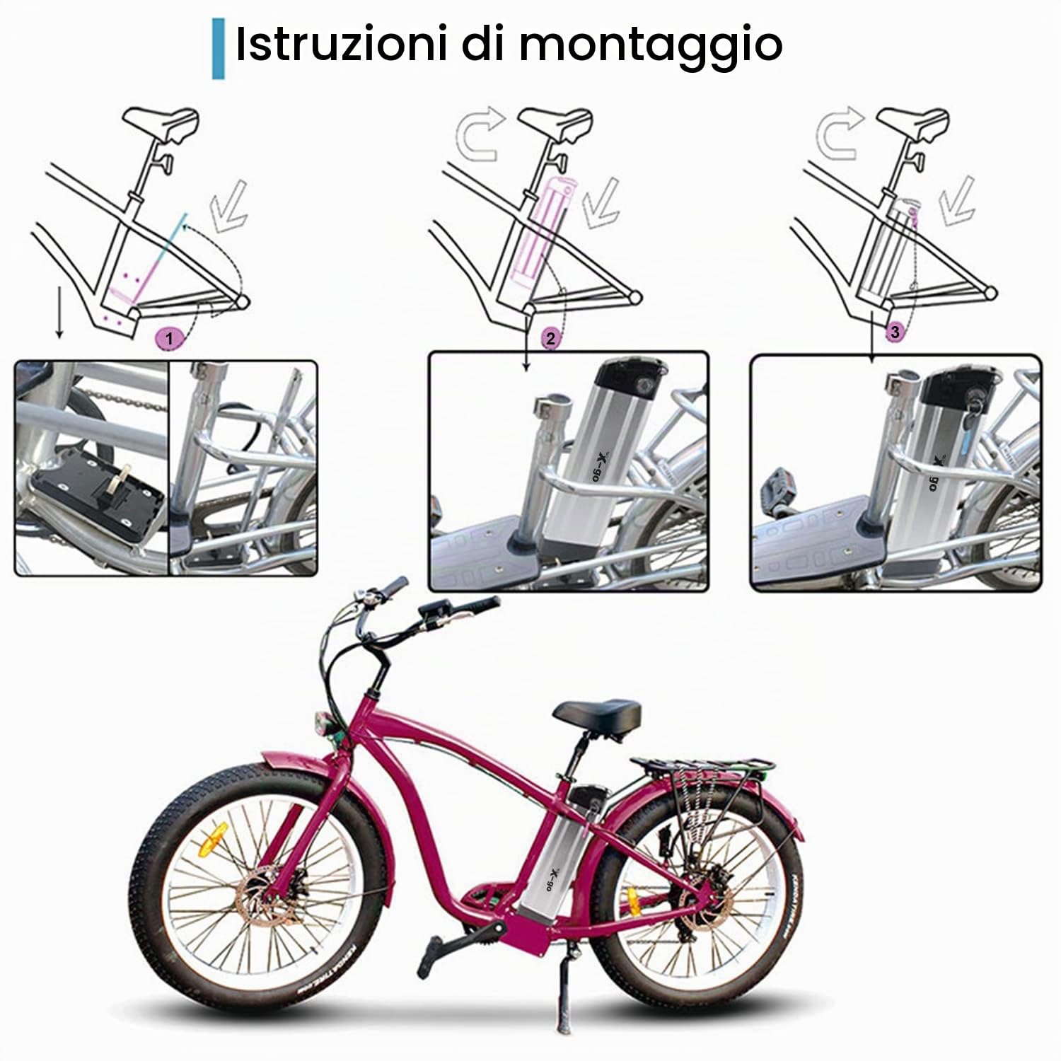 X-go Batteria Ebike 48V 13AH 2 Pin con Caricatore e Cavo di Scarica 2 Pin per Motore 250W 350W 500W 750W, Batteria per Bici Elettrica