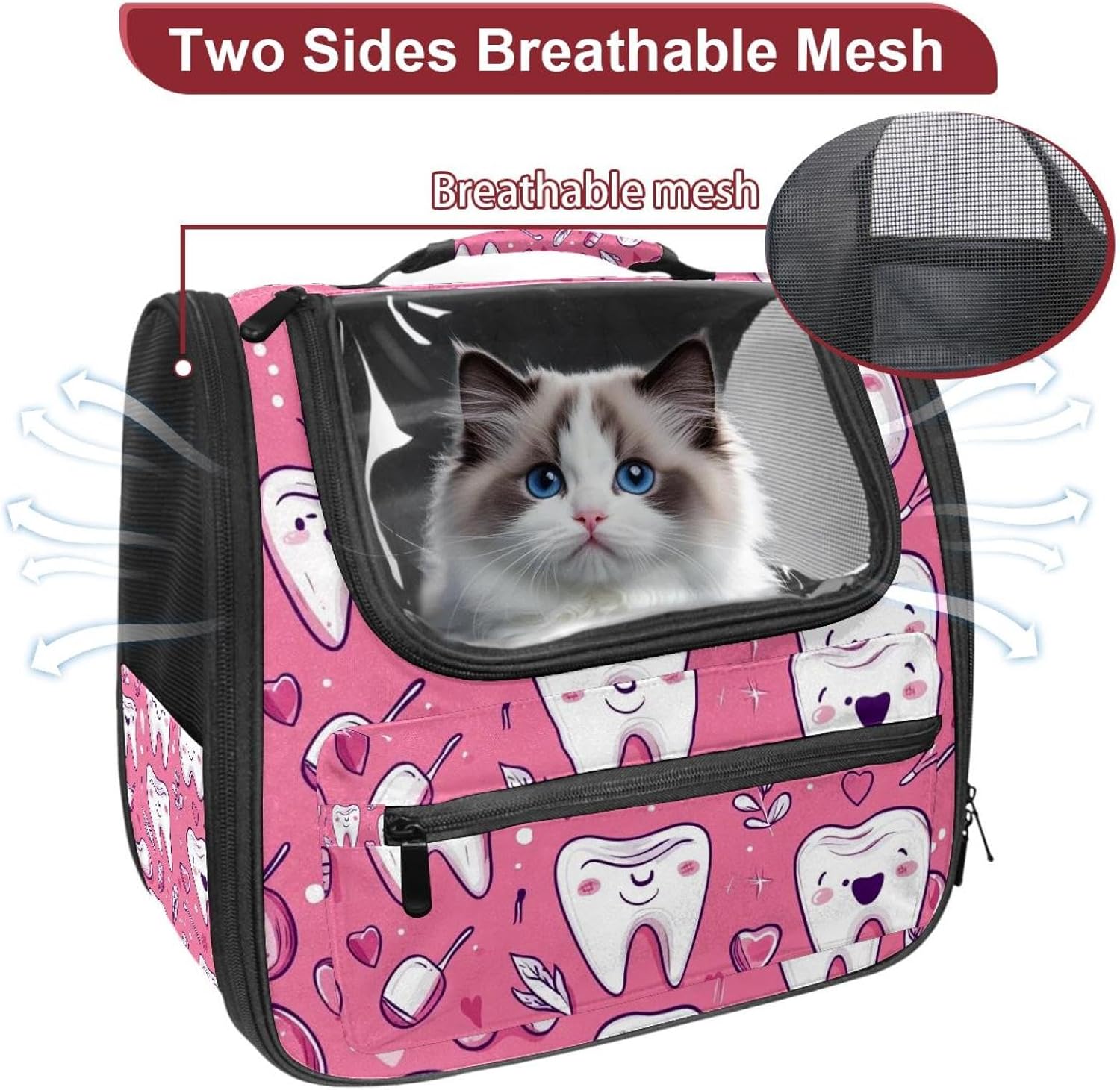 Cute Teeth Pet Carrier Airline Approved Soft Sided Portable Cozy Travel Pet Bag, Car Seat Safe Carrier for Cats and Dogs