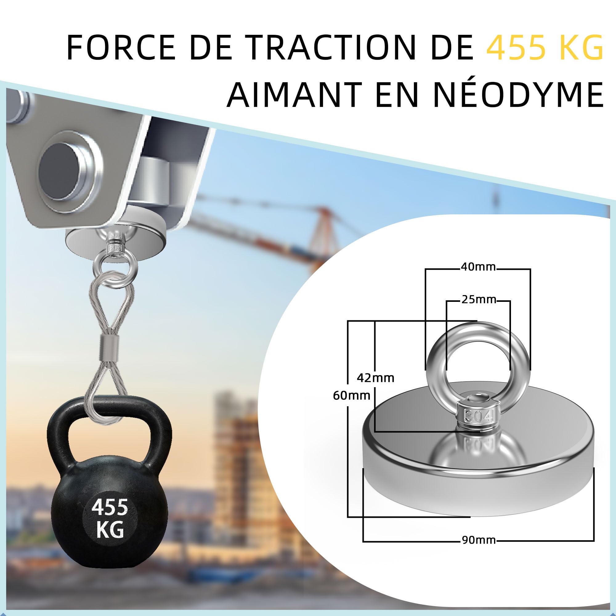 Magnetpro aimant de pêche puissant en néodyme, force de traction supérieure à 455 kg, avec anneau de levage, diamètre 90 mm, pour la pêche magnétique, la chasse et la récupération en rivière