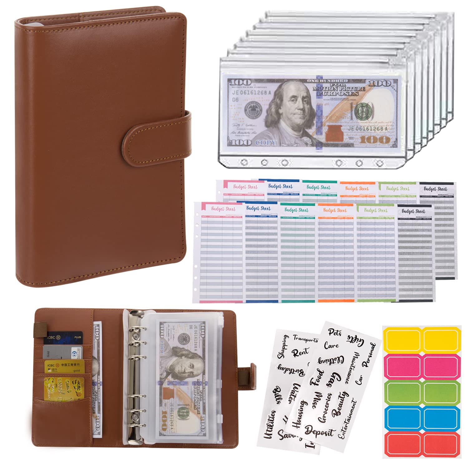 NICOOTHBudget Binder Cash Envelopes A6 Money Saving Binder with Zipper envelopes (Brown)