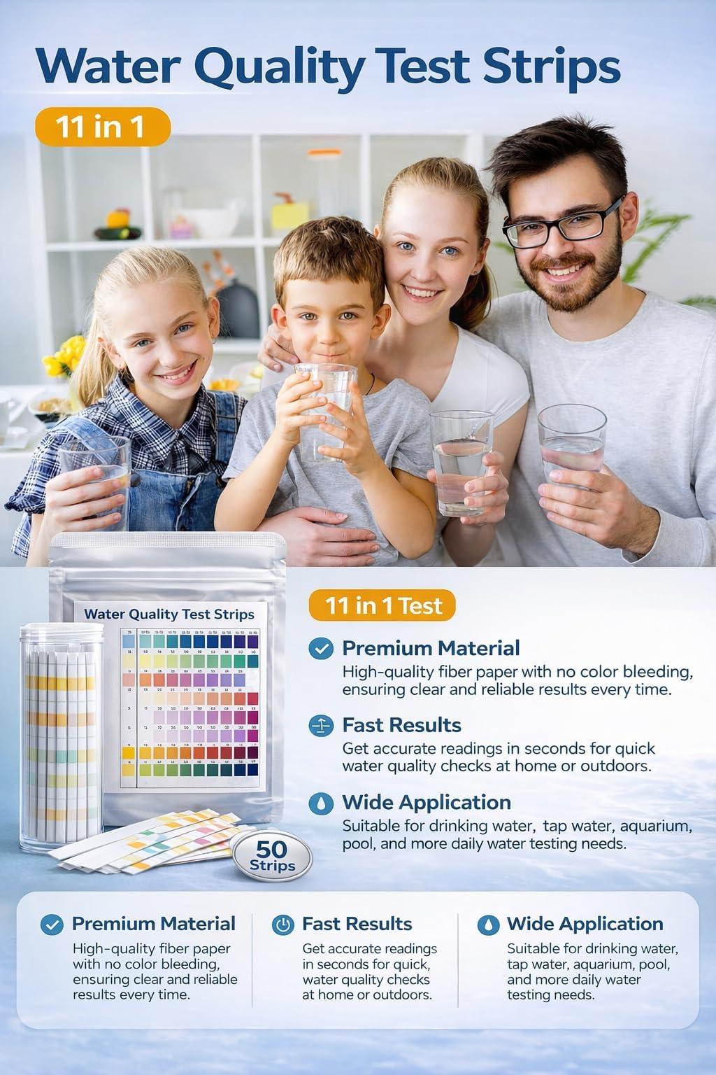 Bandelettes Test Aquarium 11 en 1, Test d’Eau Aquarium avec Tube Plastique et Thermomètre, Test Ammoniac Nitrite Nitrate pH GH KH Chlore Cuivre Phosphate Fer