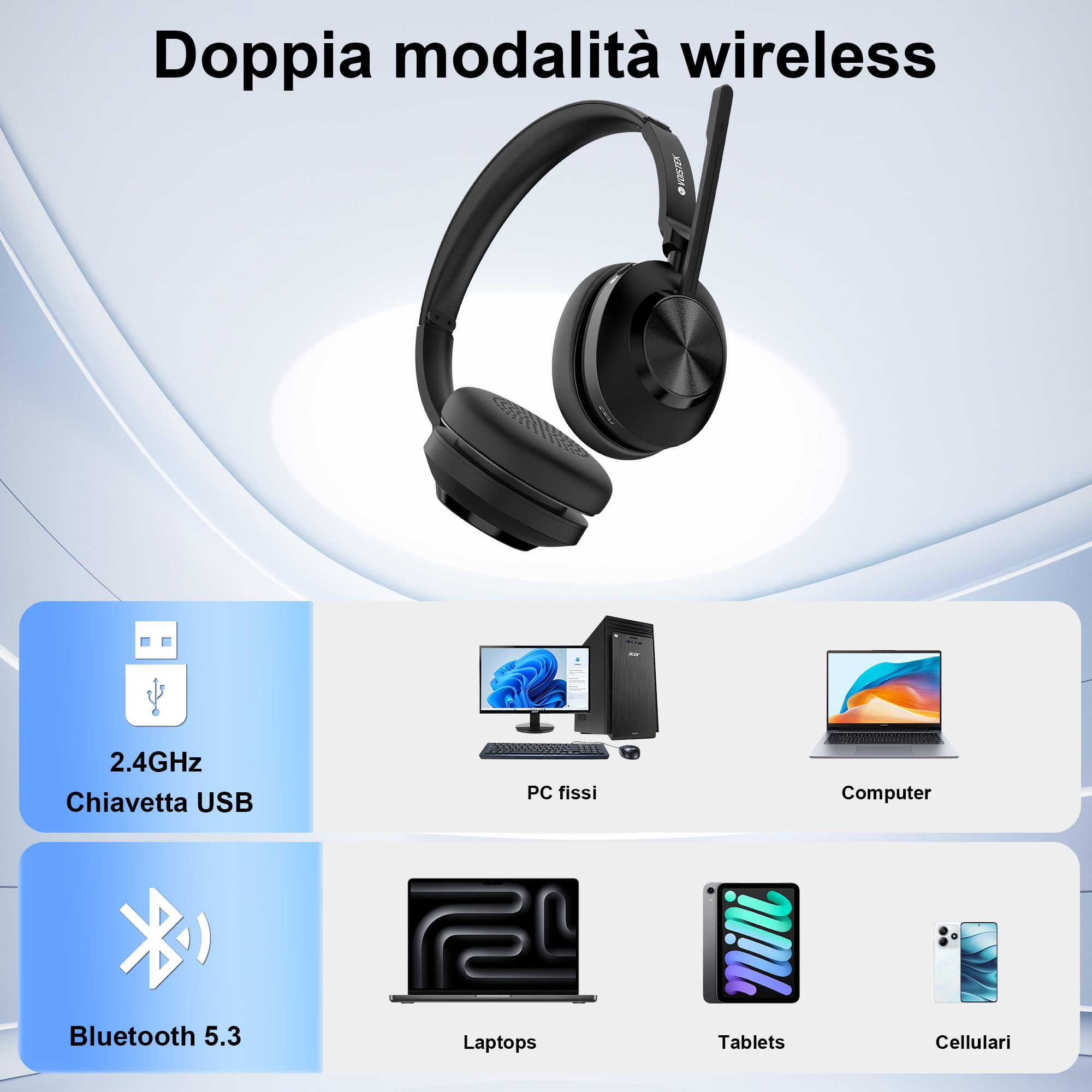 Voistek Cuffie Bluetooth Wireless con Microfono e Cancellazione Rumore, Dongle USB per PC, 45 Ore di Autonomia, Tasto Muto, Ideali per Ufficio, Riunioni, Zoom, Call Center, Laptop, Computer