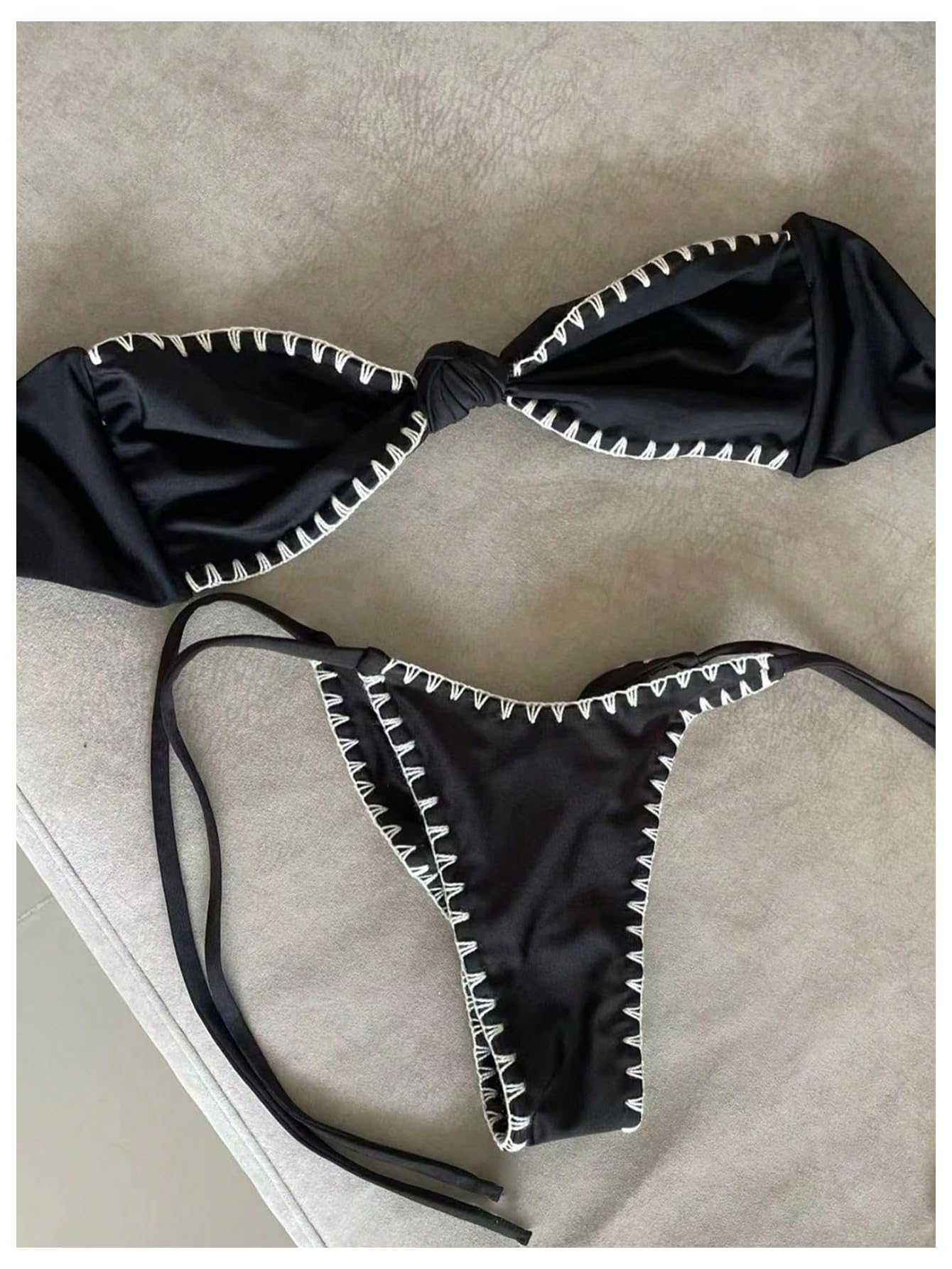 Damski węzeł Bandeau Bikini zestaw bez ramiączek strój kąpielowy kontrastowe wykończenie 2-częściowy strój kąpielowy czarny duży
