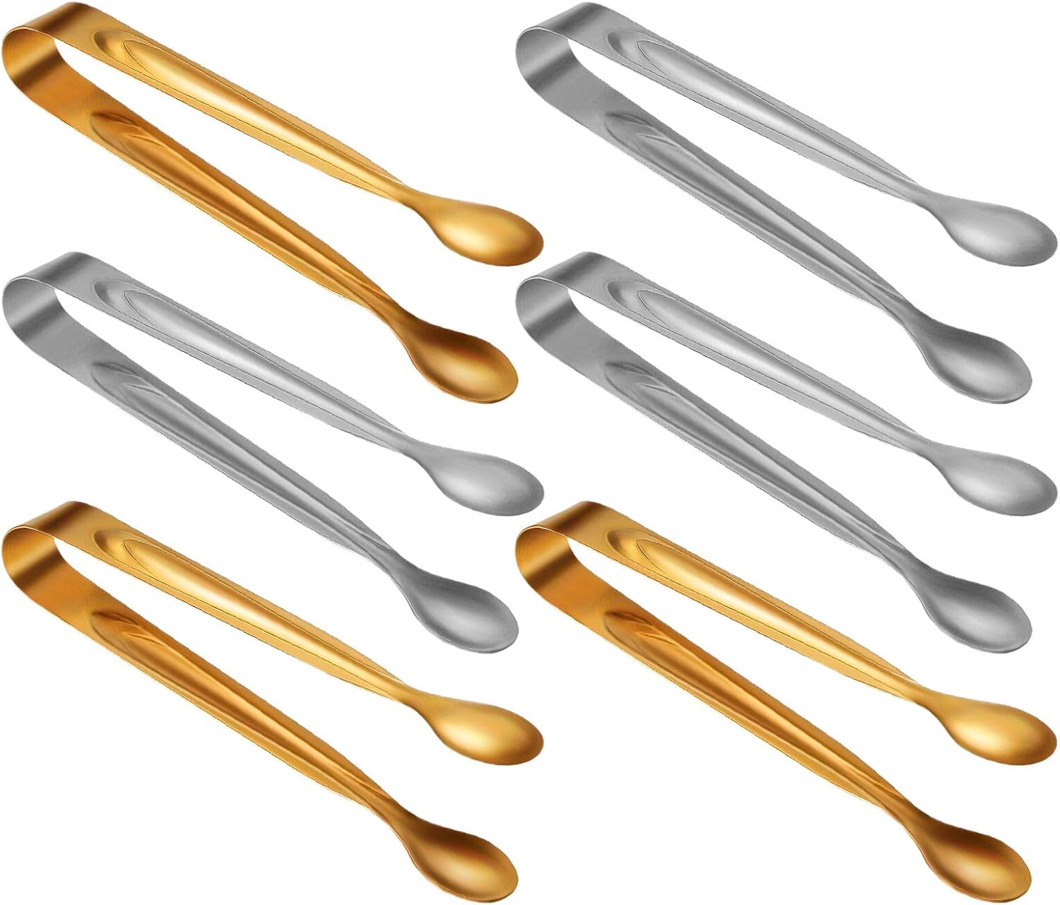 Mini Stainless Steel Sugar Cube and Ice Tongs, 6pcs Set with Gold and Silver, Metal Kitchen Serving Utensils for Tea Party, Coffee Bar, Appetizers, and Desserts