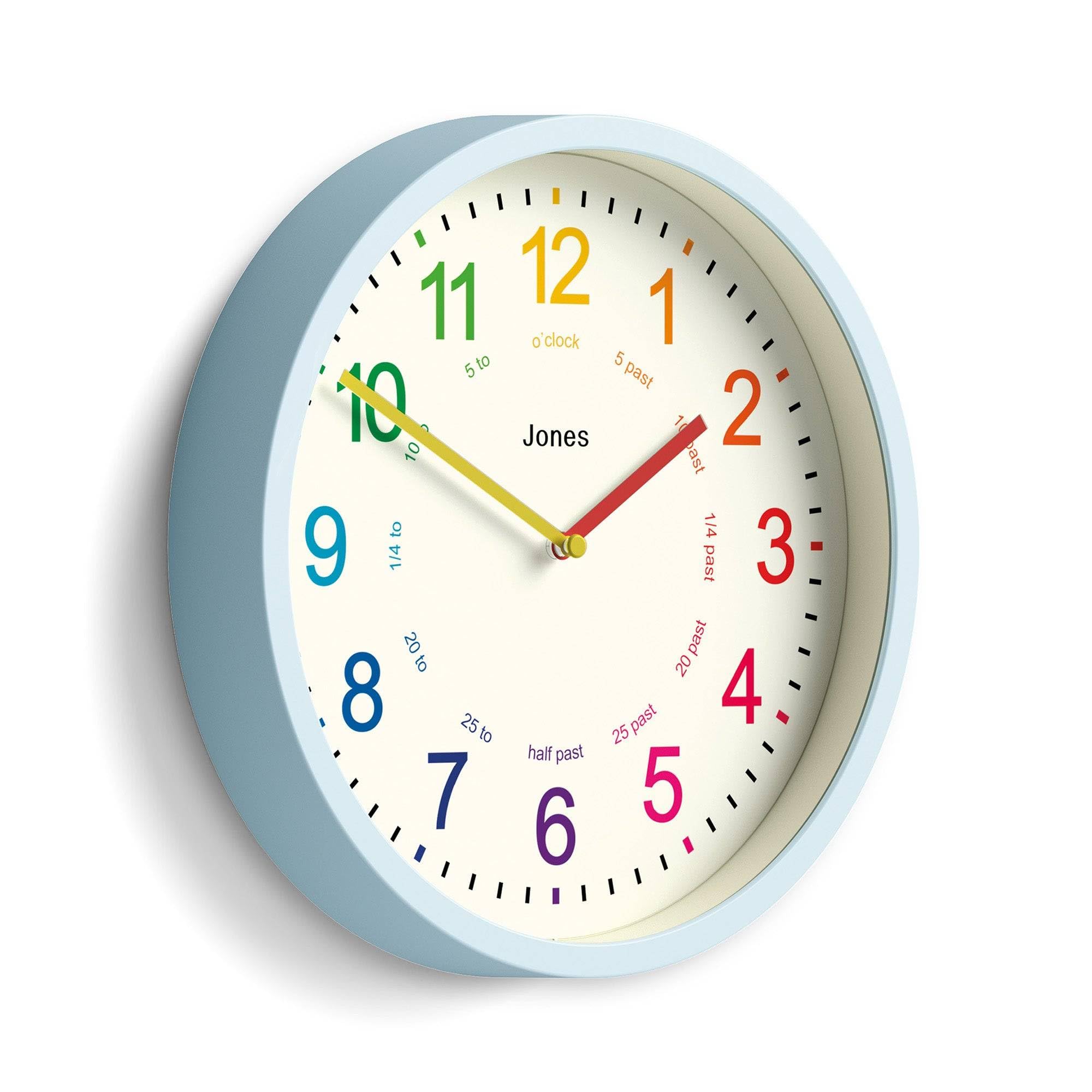 Jones Clocks Light Blue Multi-Color Jones Clocks® Kids Wall Clock | Small Modern Children’s Nursery Clock | 25Cm | Pale Blue | Colourful Dial For Learning To Tell The Time