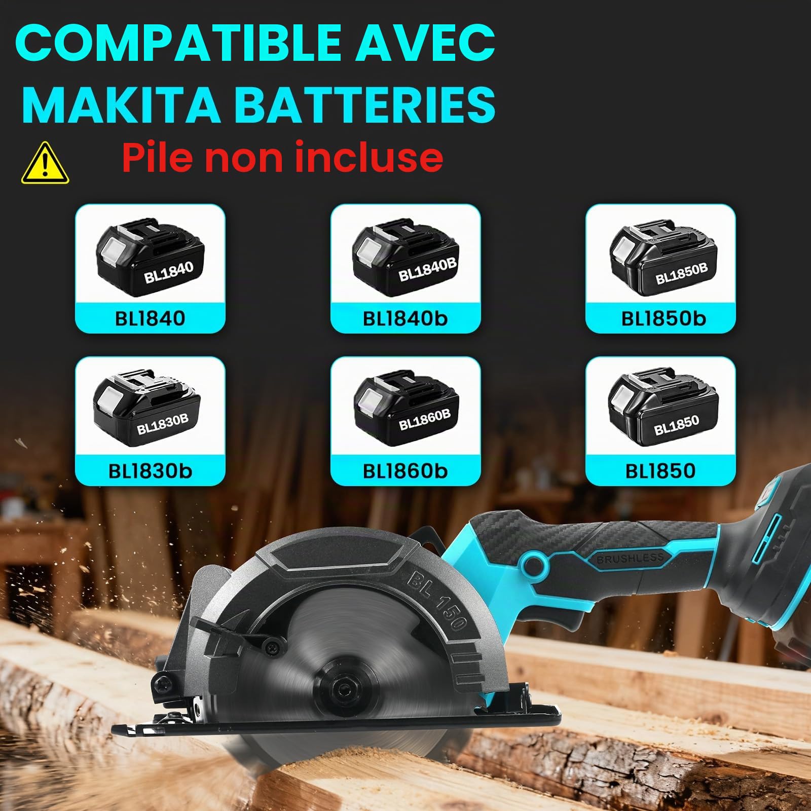 Scie circulaire sans fil pour Makita 18 V batterie, mini scie circulaire manuelle Sans brosse avec 3 Lames, Profondeur de Coupe de 55 mm, 5800 RPM, coupes d'onglet de 45°, pour Bois, Carrelage, Métal