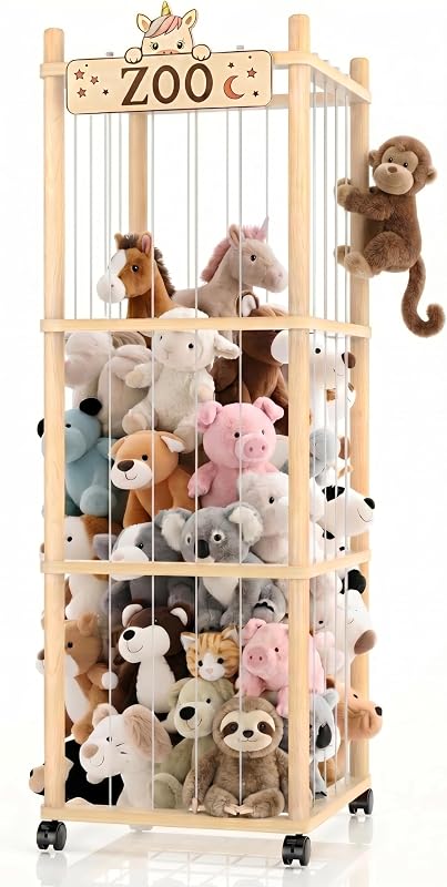 Torre del zoológico de almacenamiento de animales de peluche, organizador grande de madera de 56 pulgadas con ruedas, almacenamiento de peluches con banda elástica y parte inferior de malla, organizadores de almacenamiento de juguetes para sala de juegos, dormitorio, guardería