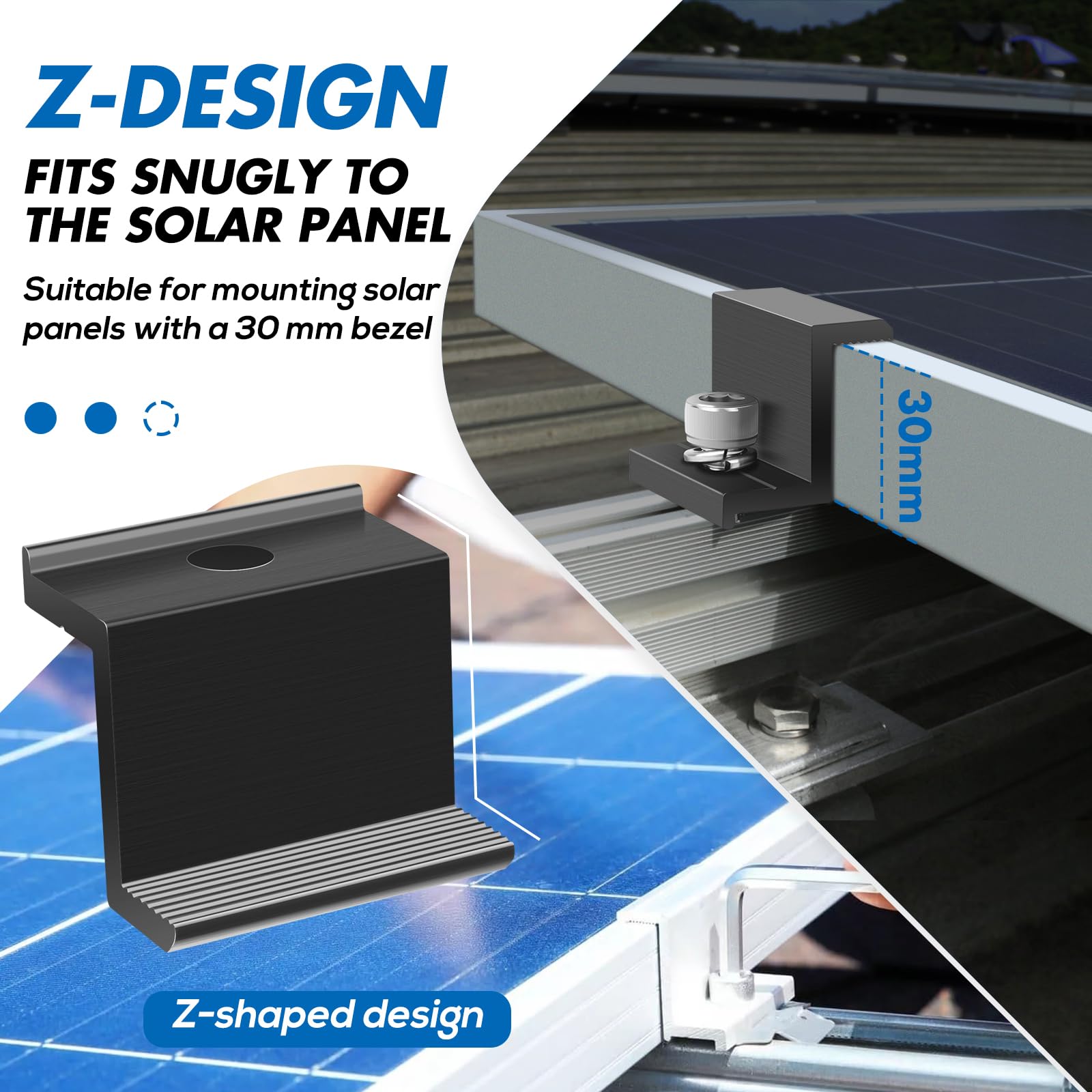 20 Pezzi 30mm Staffa Z di Montaggio, TGKYK Morsetto Terminale Solare con Chiave, Kit di Fissaggio per Modulo Solare, Pannelli Solari Staffe Bordo per Tetti, Campeggio, Roulotte (Nero)
