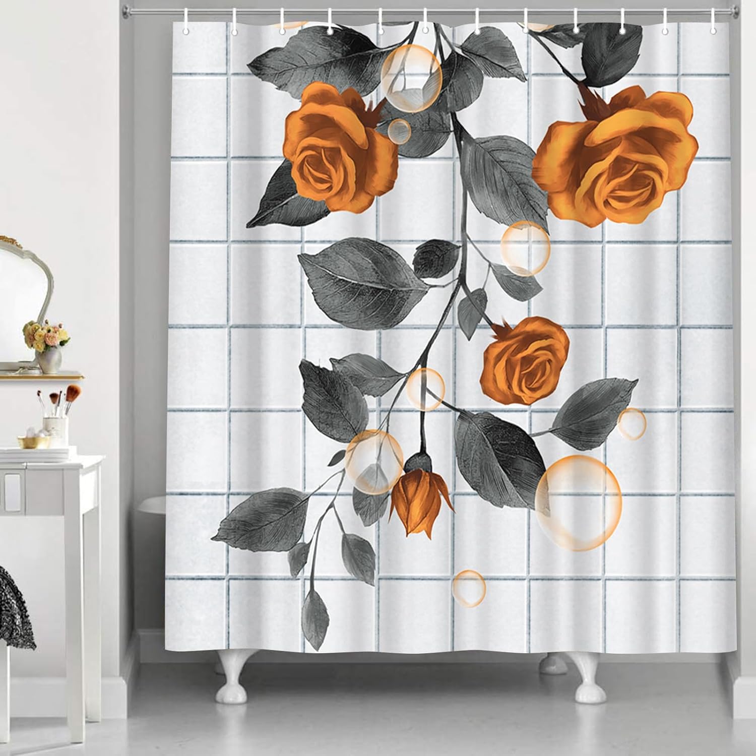FuShvre Burnt Orange Shower Curtains Rose Bathroom Curtain Set Orange Flower Bathroom Decor Hooks Included 72"x72"