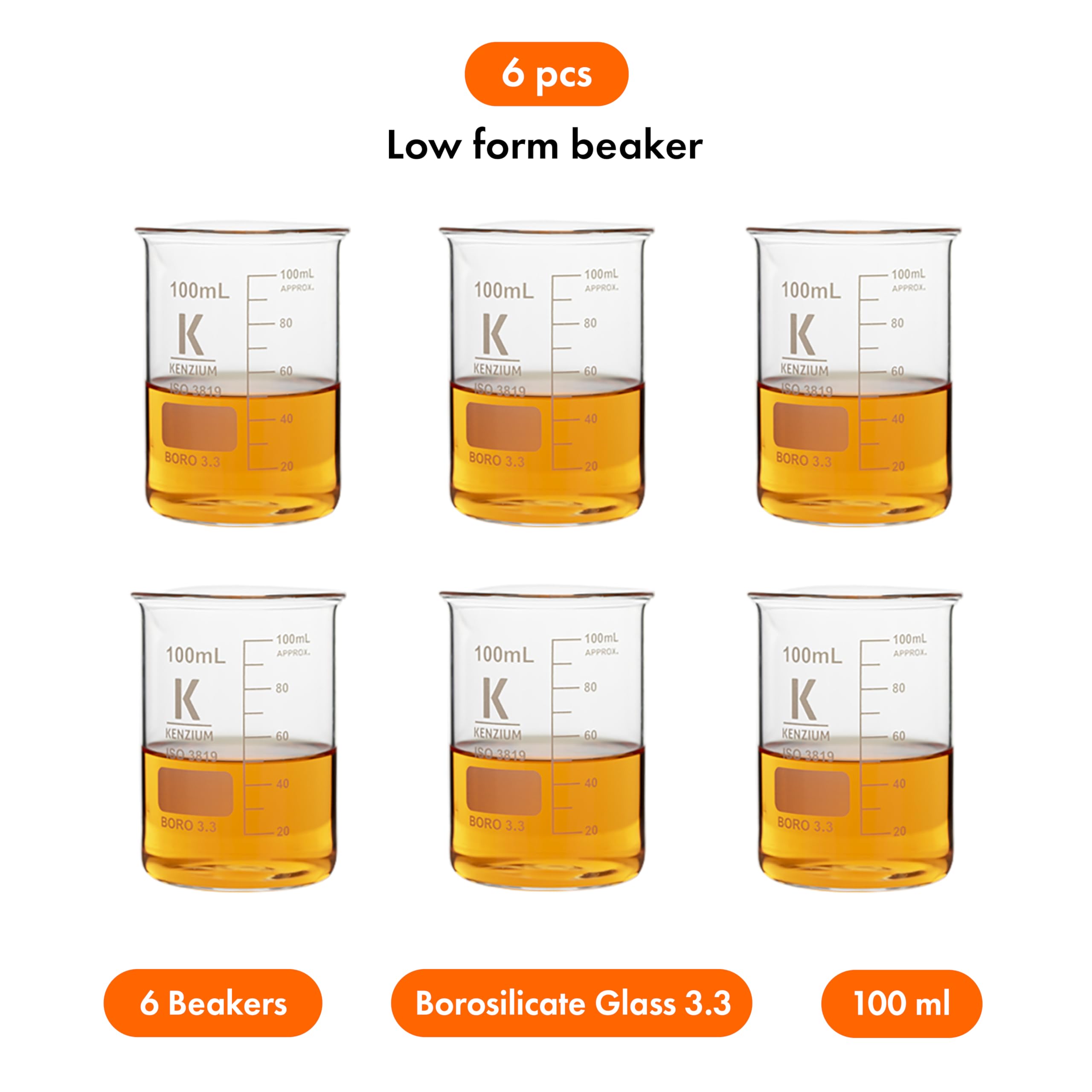Confezione da 6 beccucci | Volume: 100 ml | Vetro borosilicato 3.3 | Forma bassa | Graduato con Beccuccio per tutti i tipi di campioni, ad alta resistenza, autolavabile