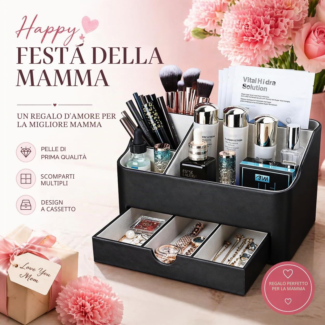 KINGFOM Organizer per trucchi cosmetici, in pelle PU, con cassetto, organizer per tavolo da toeletta (nero)