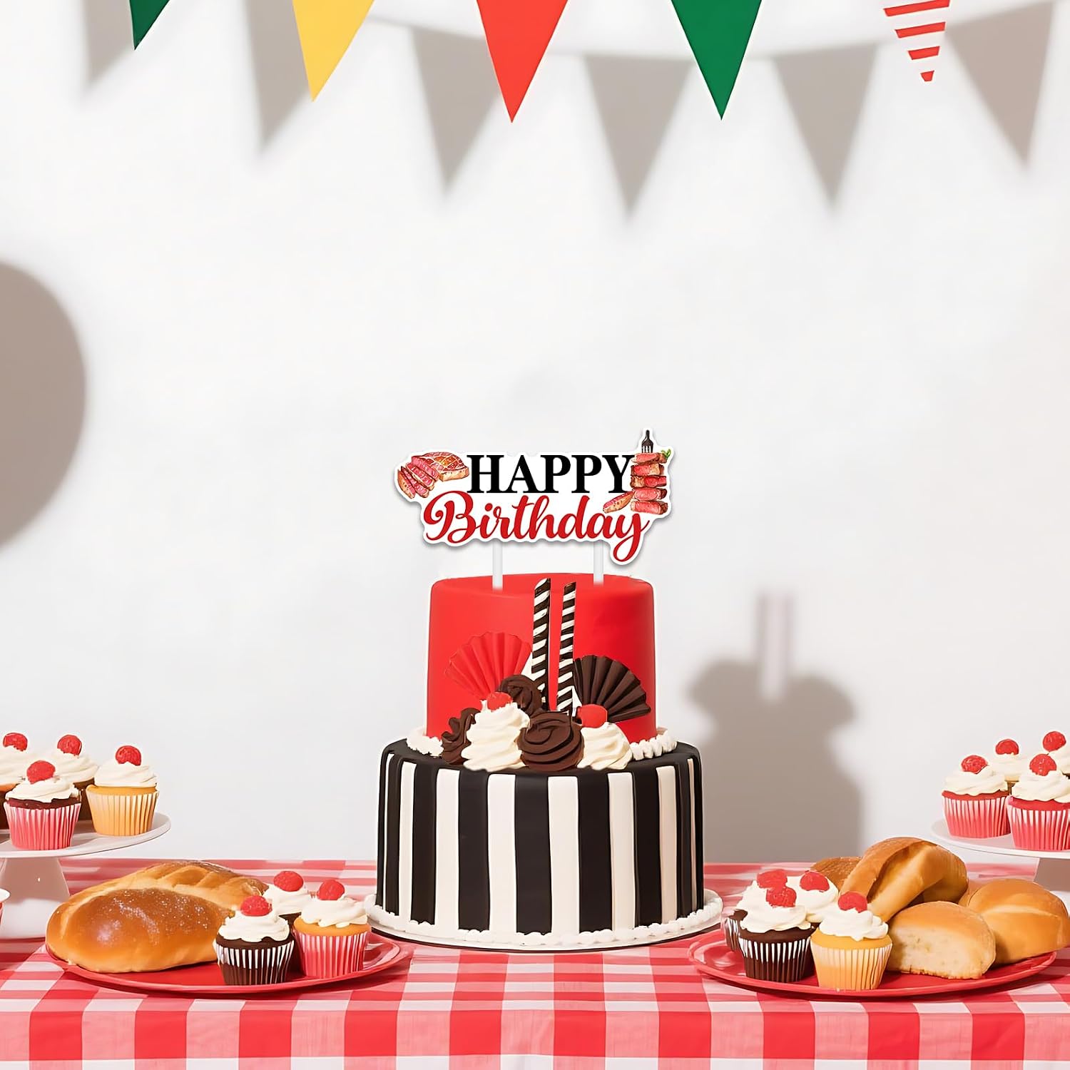 Red Beefsteak Cake Topper Meat BBQ Birthday Party Decorations Beef Steak Barbecue Happy Birthday Cake Topper Double-Sided Printing for Boys Girls BBQ Picnic Camping Theme Birthday Party Supplies image 3