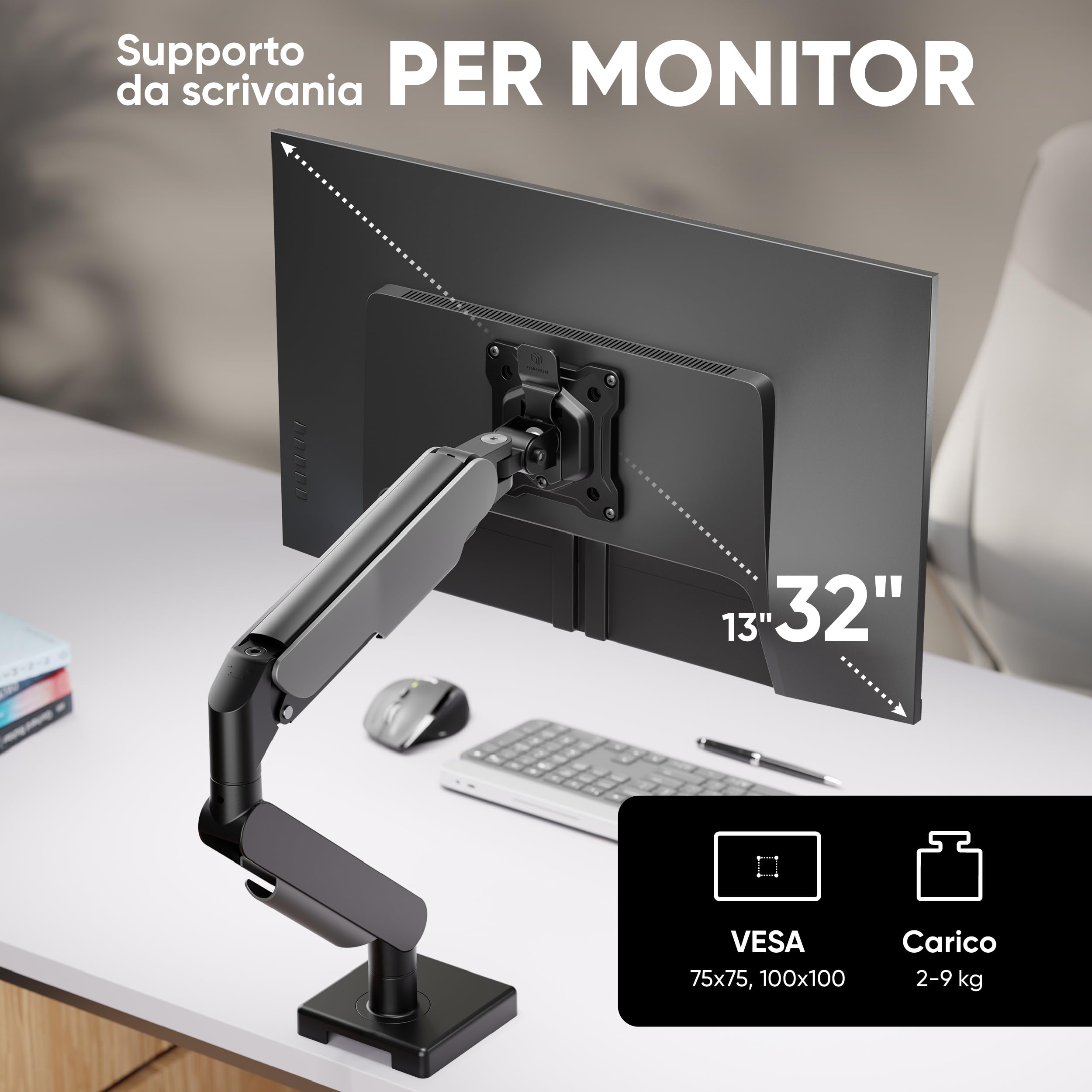 ONKRON Supporto Monitor Scrivania 13-32 pollici, 2-9 kg, Braccio Monitor VESA 75x75-100x100, Supporto Schermo PC Snodabile, Porta Schermo PC da Scrivania Regolabile in Altezza, Universale, Nero G50-B