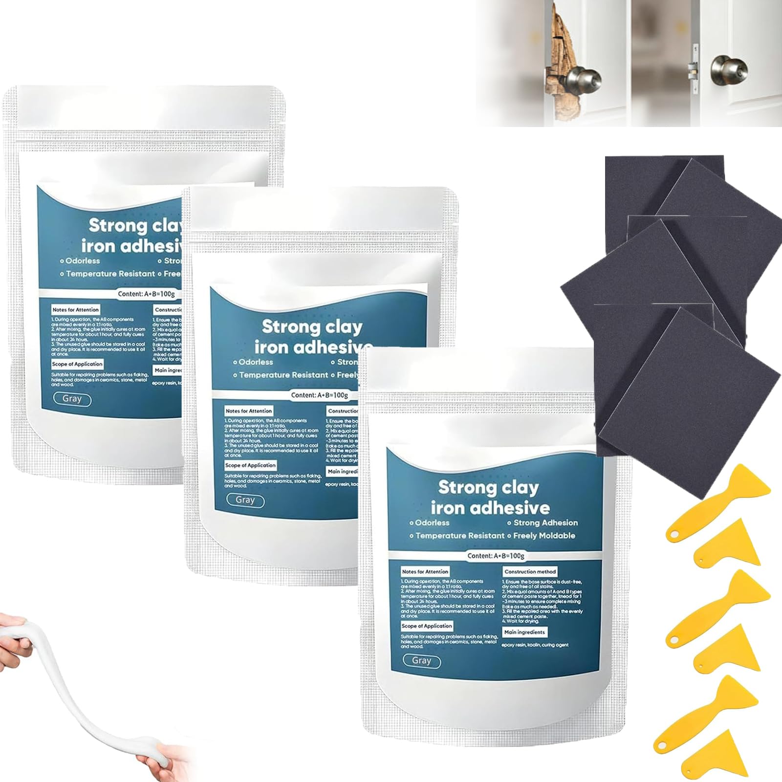 High-Strength Multi-Purpose Repair Clay, Steel Epoxy Putty for Wood, Strong Clay Iron Adhesive, Steel Epoxy Putty, All Purpose Pool 𝐂lay for Bonding Plastic Metal Ceramic Wood Tile Glass (3PCS)