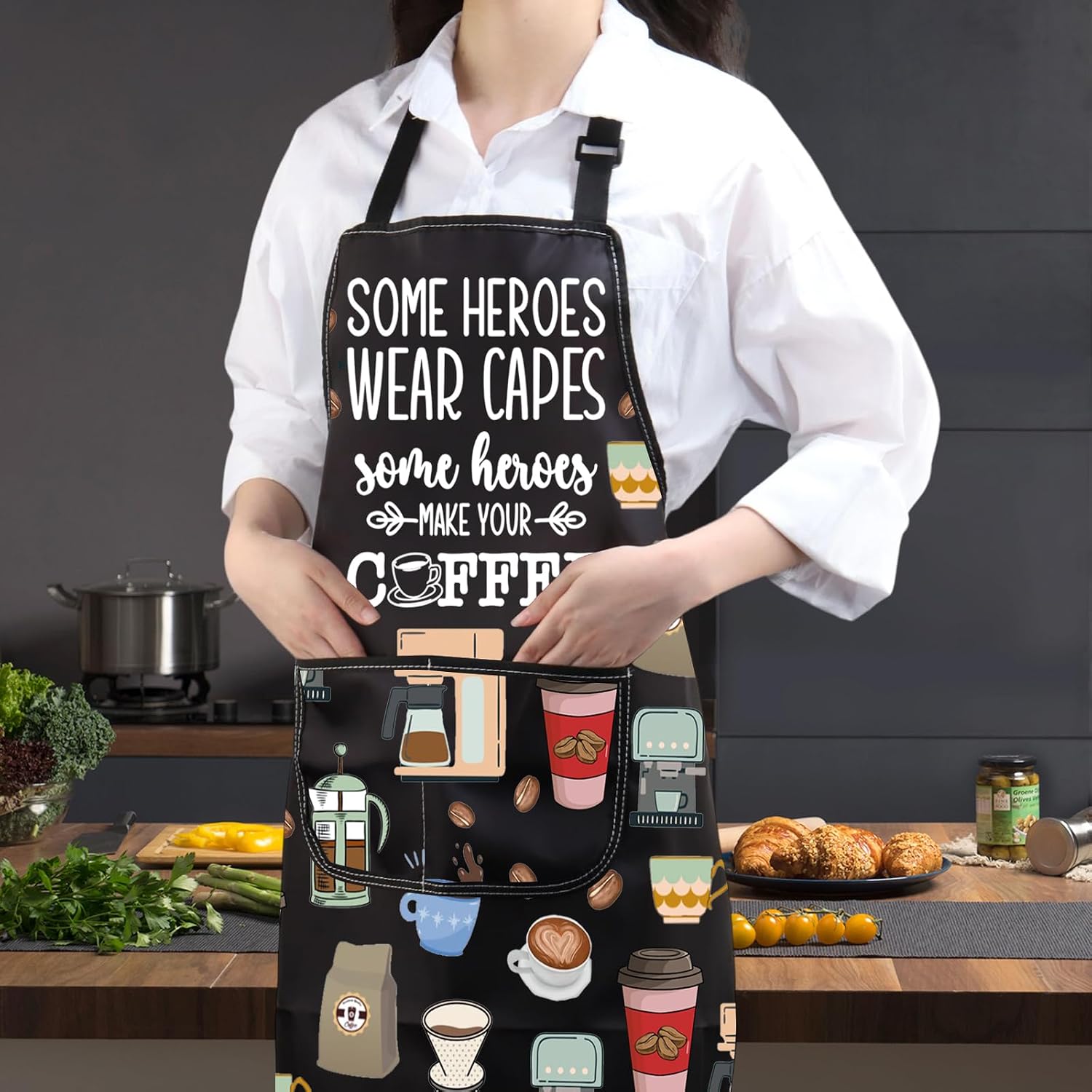 JXGZSO Barista Apron - Coffee Themed Aprons for Server, Some Heroes Make Coffee