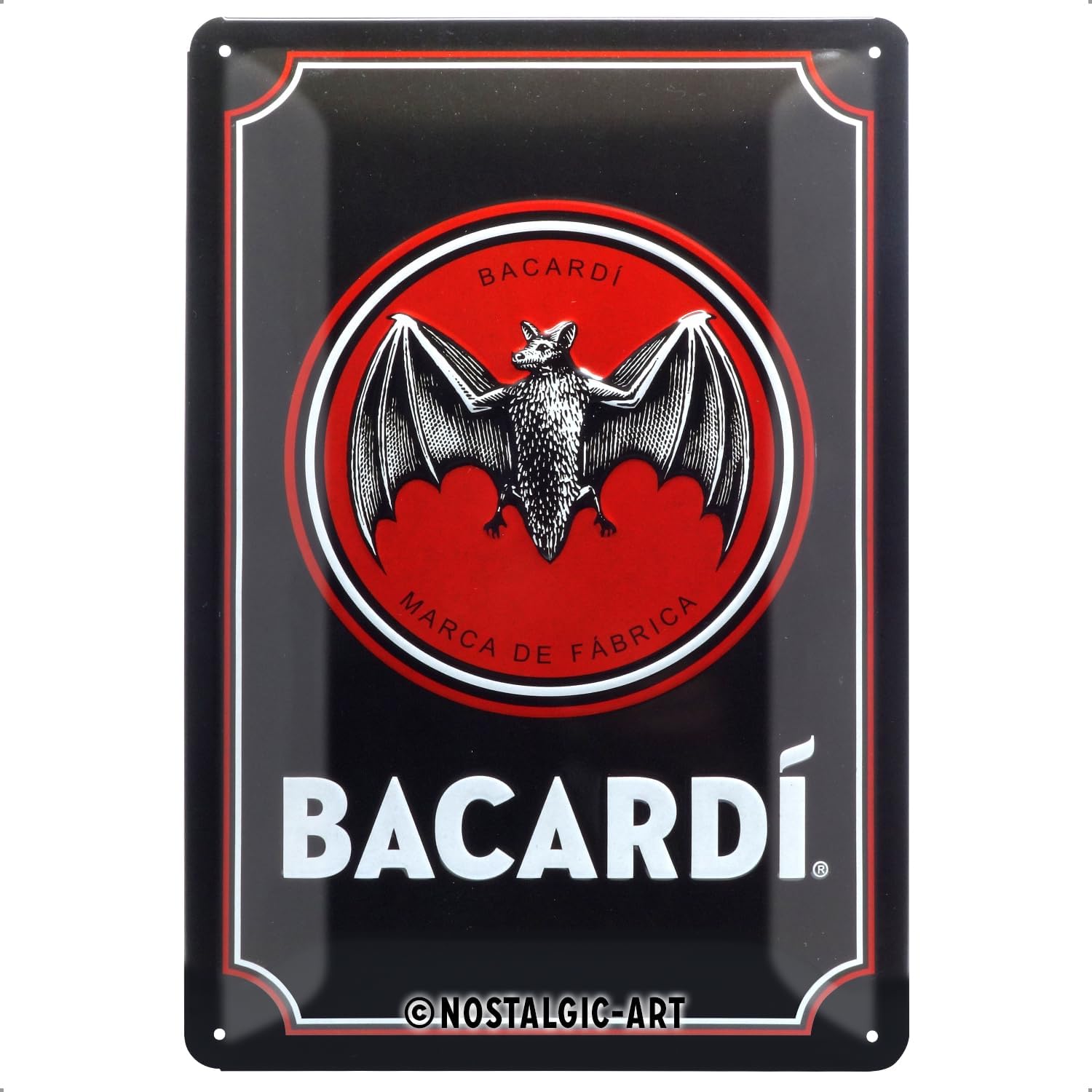 Retro tin sign, 7.9" x 11.8", Bacardi โ Logo Black โ Gift idea for rum fans, Official License Product (OLP), made of metal, vintage design