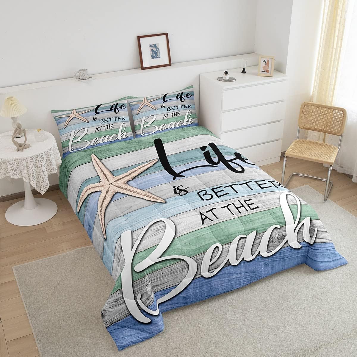Erosebridal Beach Theme King Comforter Set,Cute Starfish Bedding Comforters & Sets Sea Ocean Themed Duvet Coastal Sealife Quilt Comforter,Vintage Rustic Farmhouse Decor Colorful Striped Bedroom Decor