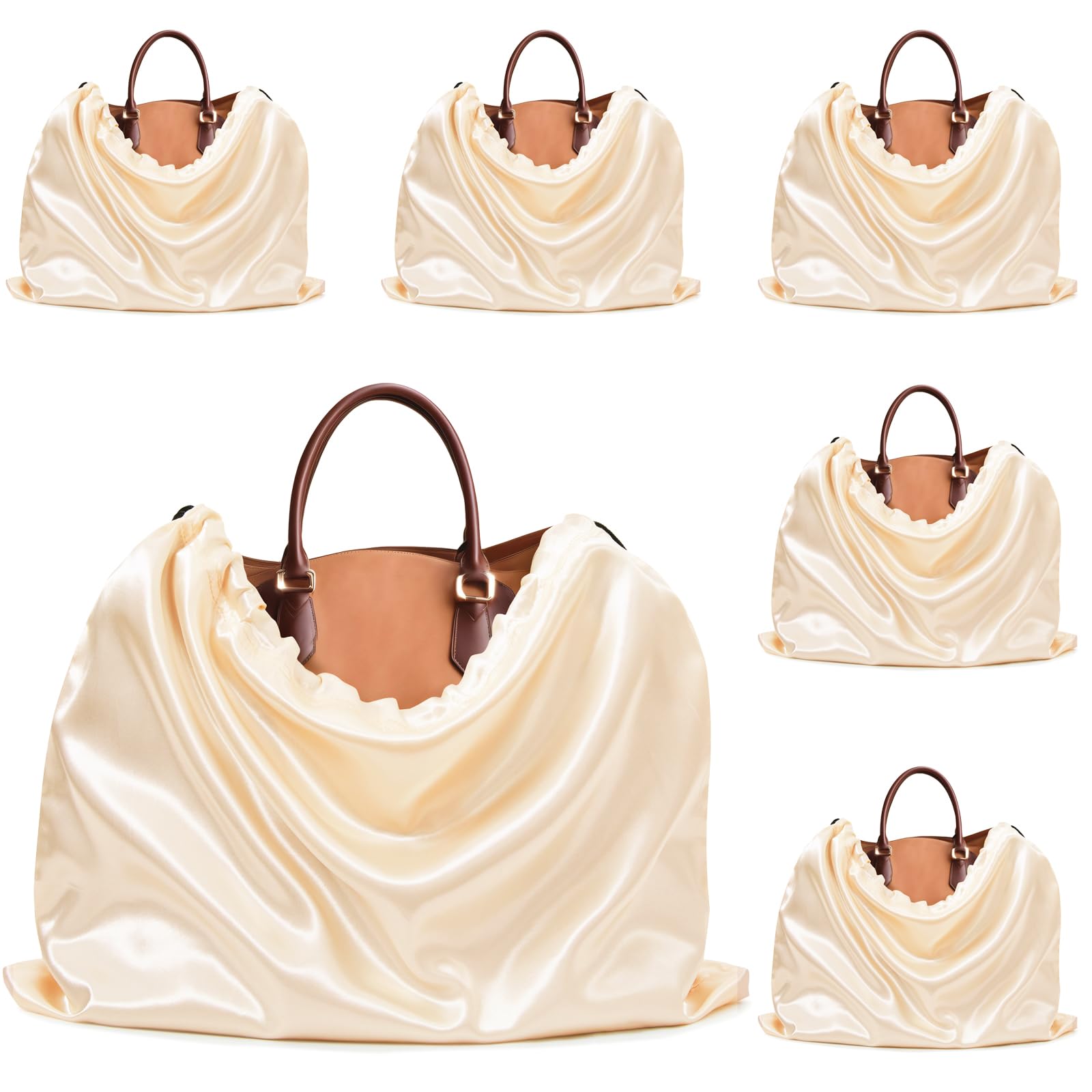 Ersmak 6 Pack Dust Bags for Handbags - Beige Silk Dust Cover Bag for Purses Shoes - Satin Drawstring Dustproof Bags for Travel Storage - 19.7 x 15.7