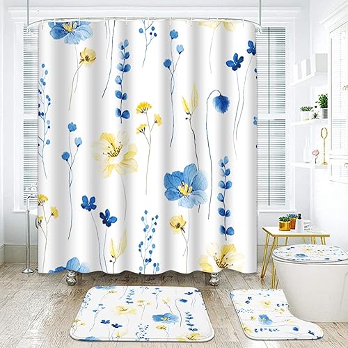 ArtSocket Juego de baño floral azul amarillo con cortina de ducha, alfombra y accesorios, juego de cortina de ducha de hojas de flores de primavera,